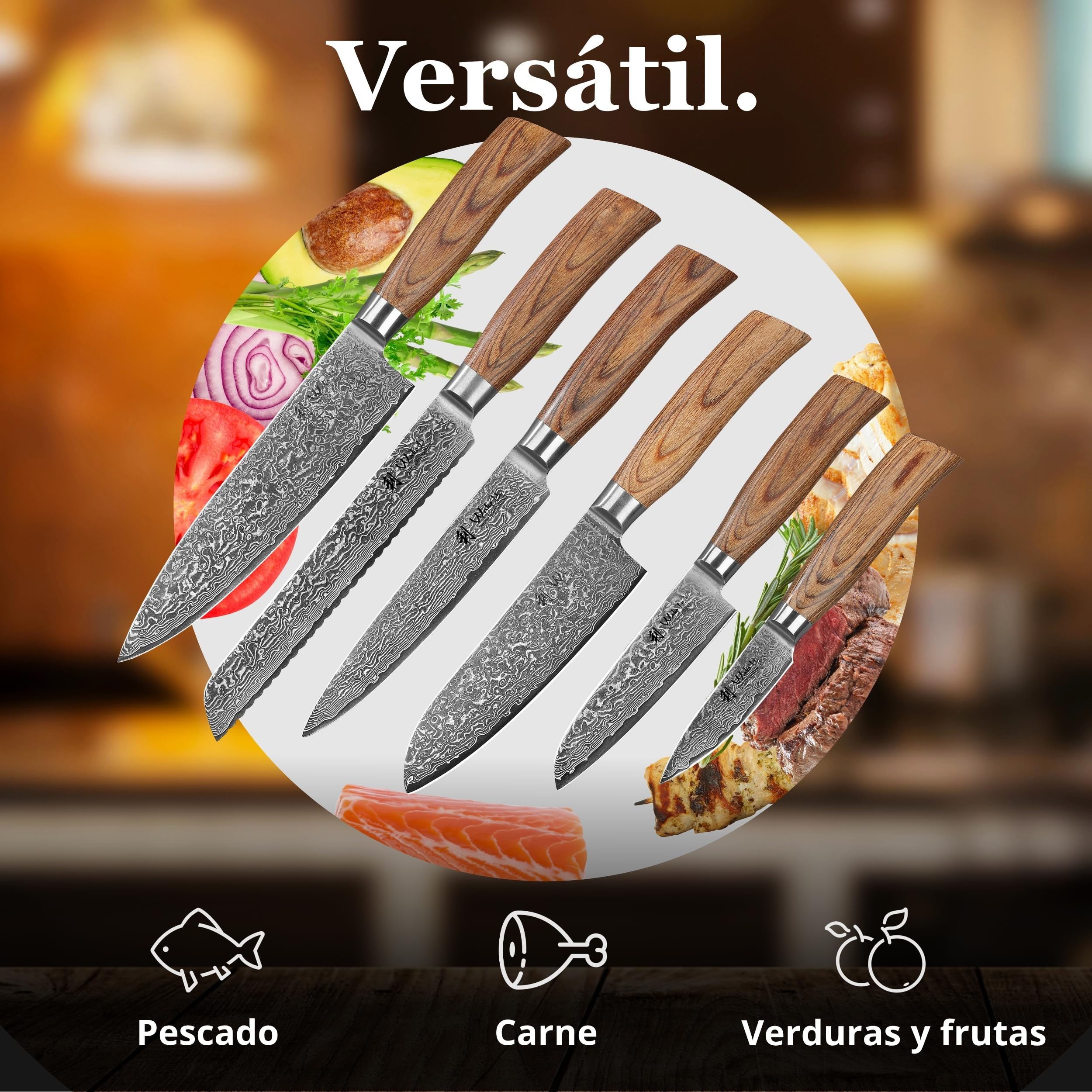 WAKOLI EDIB Pro juego de 6 cuchillos en acero de damasco de 67 capas con núcleo VG10, chef 20 cm, pan 20 cm, carne 17 cm, Santoku 16 cm, Santoku 11 cm y puntilla 8 cm