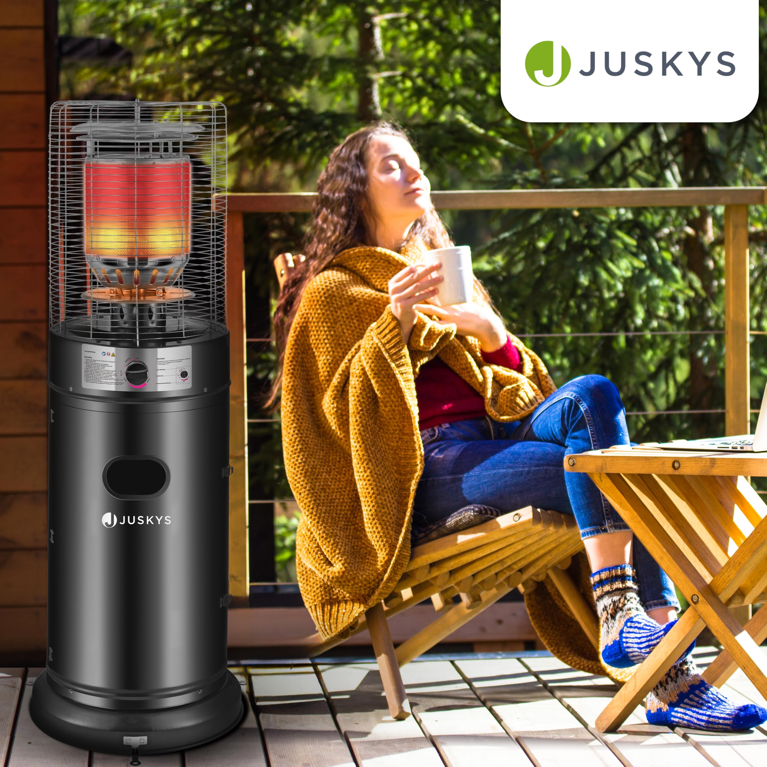 Juskys® Outdoor Heizstrahler Cuna mit 11 kW Gas-Brenner - Heizpilz Terrassenheizer mit Gas für Terrasse Balkon und Garten - für 5 und 11 kg Gasflaschen