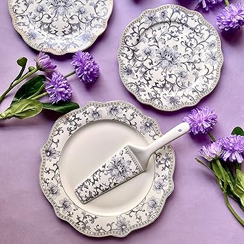 Vigneto | Royal Blue Snack Set (1 Serving Plate, 6 Quarter Plates, 1 Server) | Finest Premium Porcelain | Luxury Floral Tableware