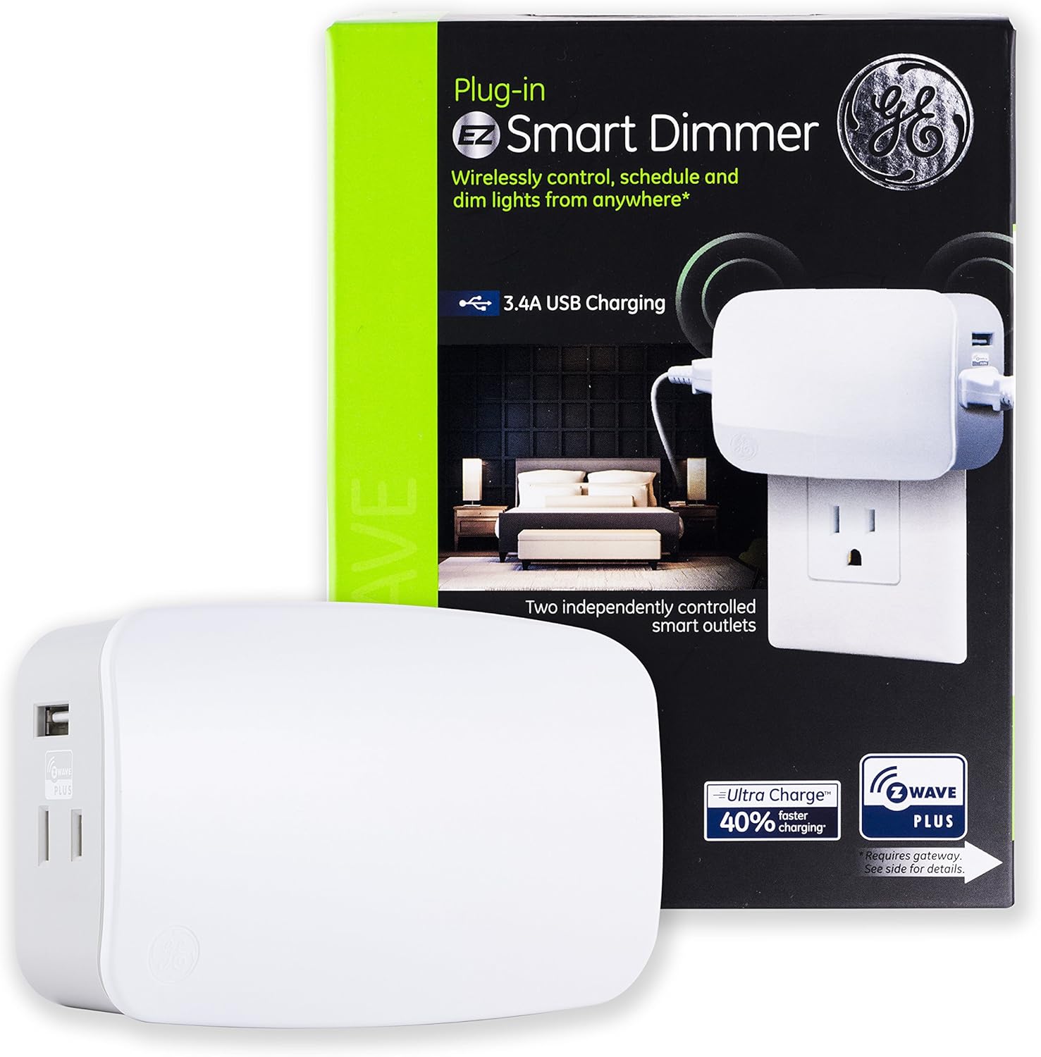 GE Enbrighten ZWave Plus Smart Plug Dimmer with 2 USB Ports (3.4A Shared), 2 Individually