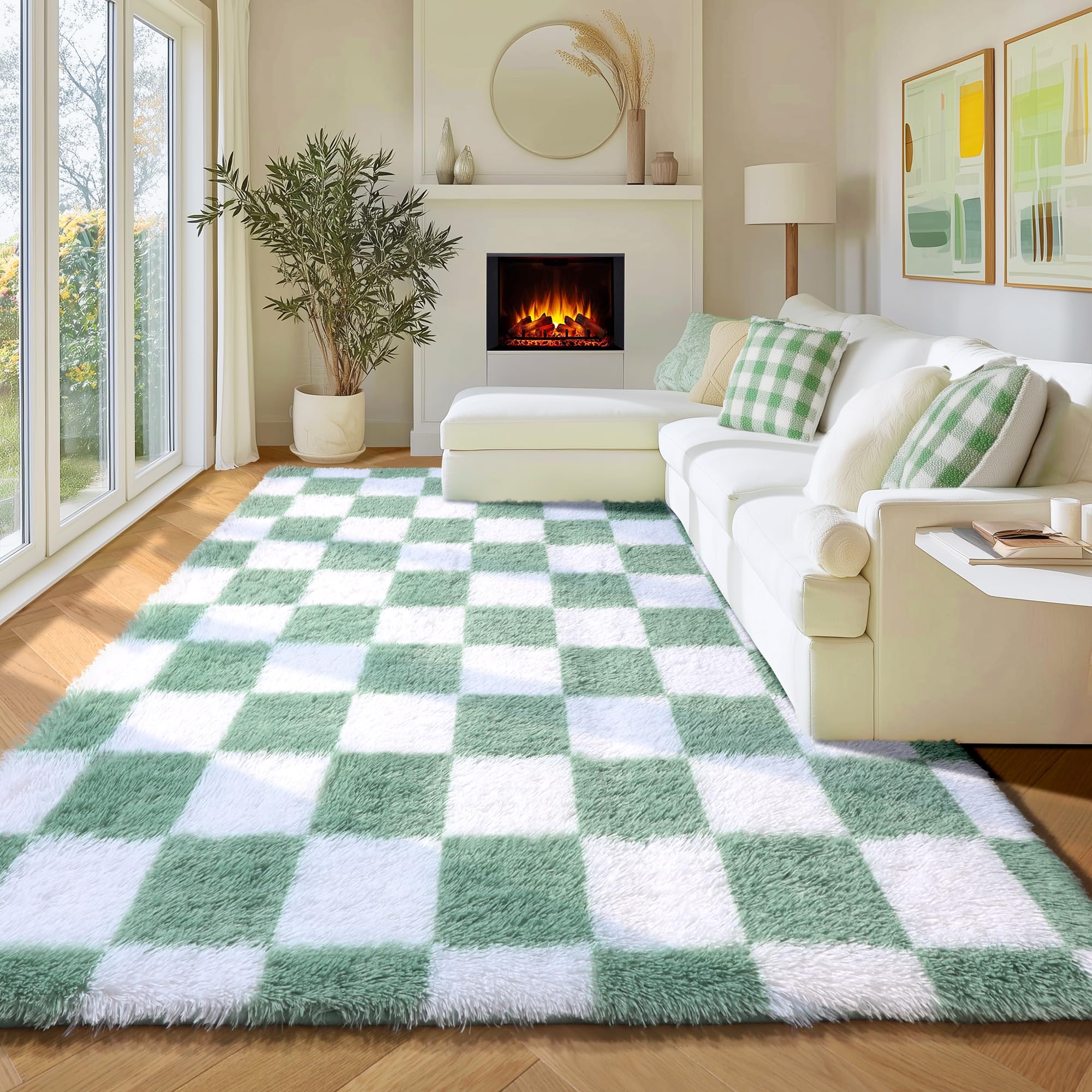 KICMOR Fluffy Sage Green and White Rugs Living Room Carpet, 5x7 Large Fuzzy Checkered Shag Area Rug for Bedroom Aesthetic, Furry Soft Plush Shaggy Rug for Nursery Kids Girls Boys Room Home Decor