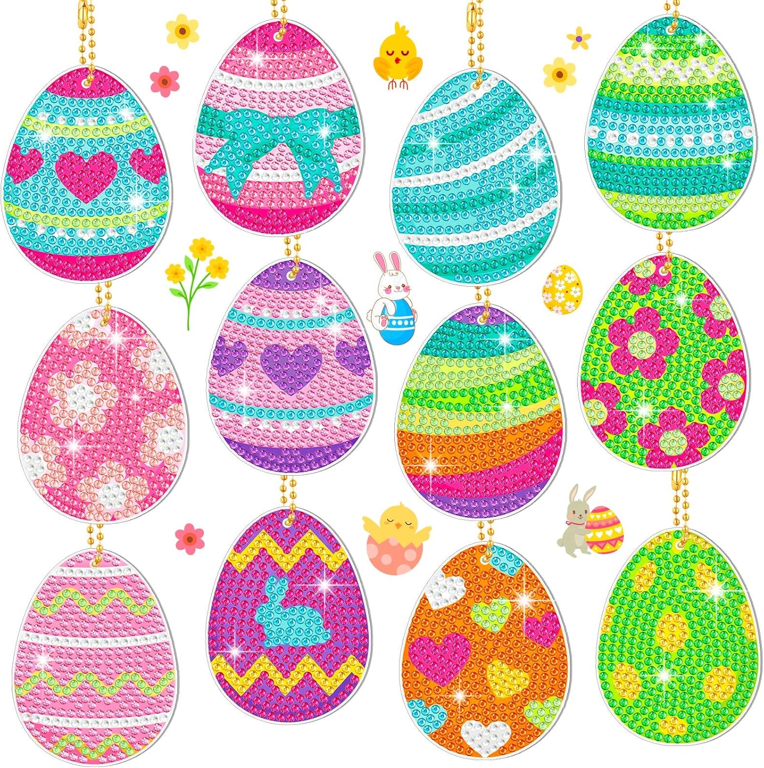 12 Pieces Easter Diamond Painting Keychain 5D DIY Diamond