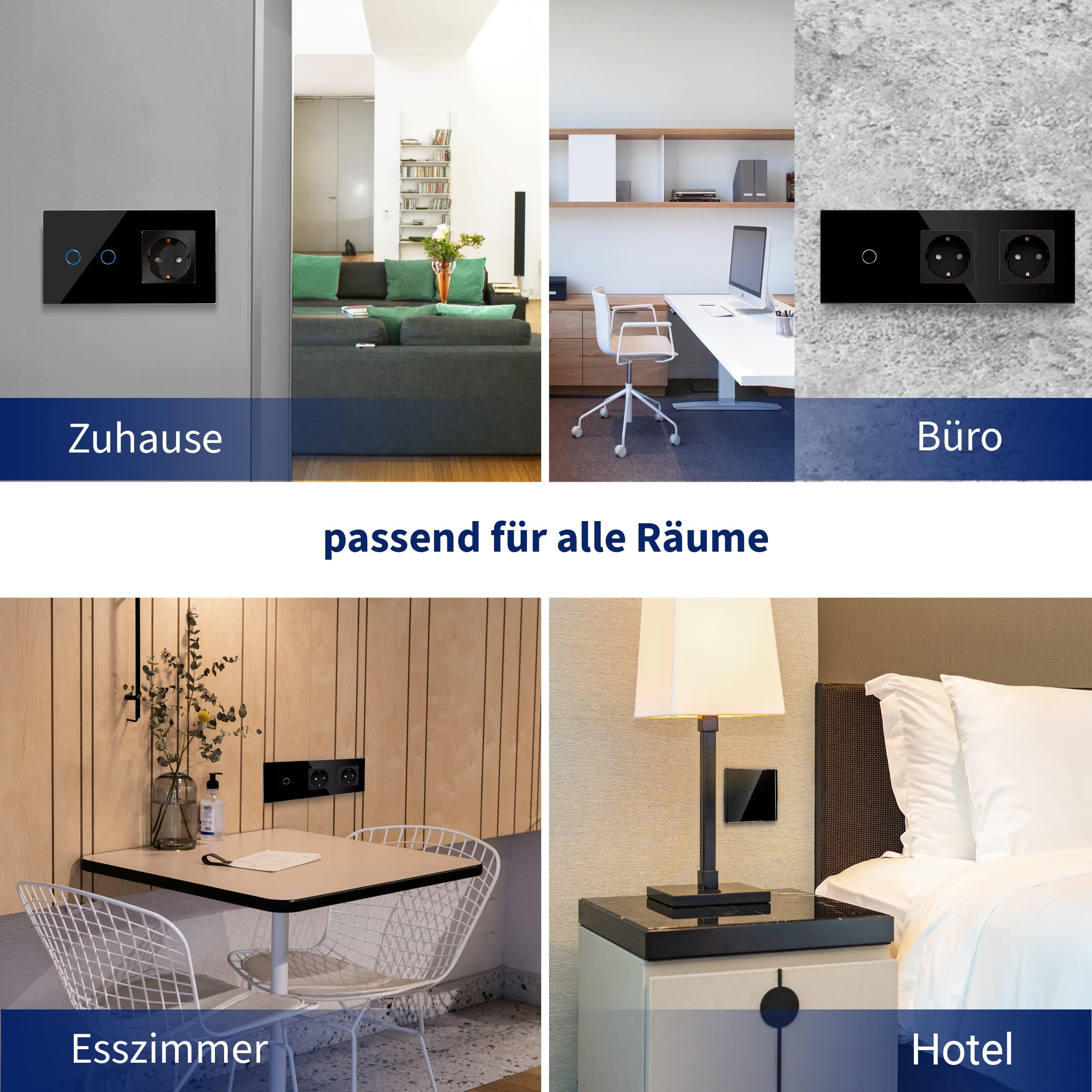 PULSAR Set di 2 interruttori per tapparelle Wi-Fi, da incasso, 1 via, nero, con cornice in vetro, funzione timer e compatibile con Alexa e Google Home