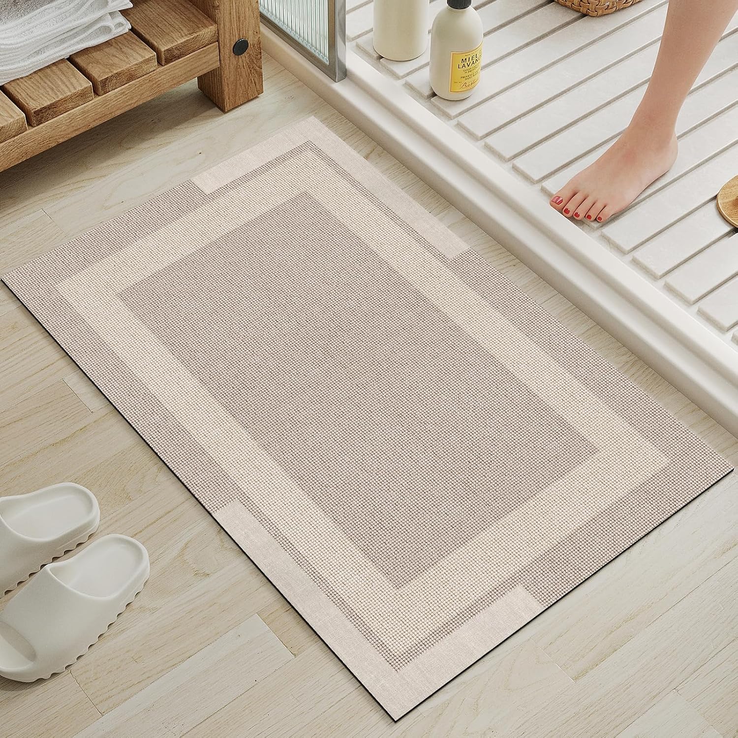 Non Slip Bath Mat, Rubber Backing Ultra Thin Bathroom Rugs Fit Under Door Quick Dry Super Absorbent Washable Bath Rug Shower Mat for Bathroom Floor Bathtub Shower Sink, Easy Care Beige 16"x 24" 16" x 24“ Beige