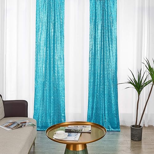 2×8FT-2PCS Turquoise Sequin Backdrop Curtains Panels, Photography Backdrop Glitter Curtains Fabric Background for Wedding Party Decor