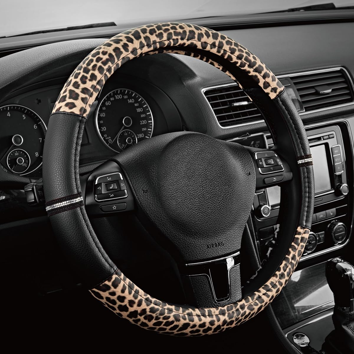 Road Comforts Leopard Steering Wheel Cover for Women, Cute Anti-Slip Microfiber Leather, Universal Fit 14.5-15 Inch Round Steering Wheel - Black