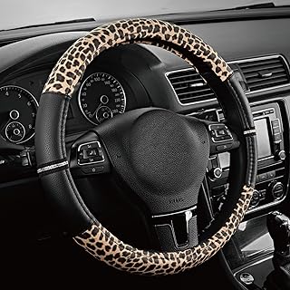 Road Comforts Leopard Steering Wheel Cover - Made with PVC Leather Cheetah Print - Anti-Slip, Universal Fit 14 1/2 inches to 15 inches - Black