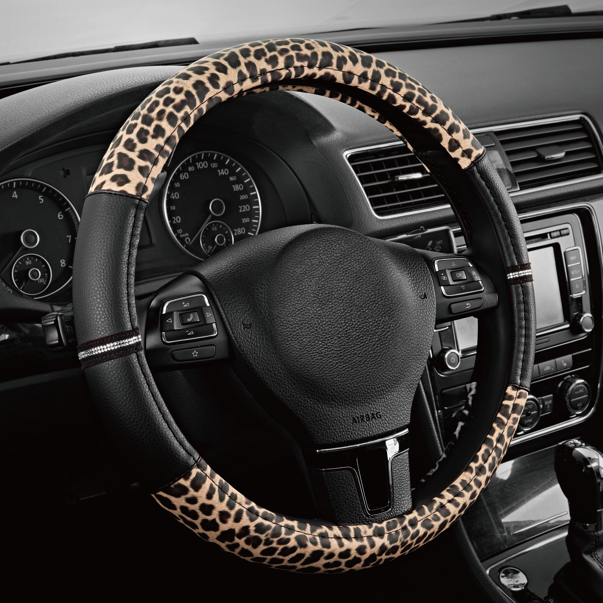 Road Comforts Leopard Steering Wheel Cover - Made with PVC Leather Cheetah Print - Anti-Slip Universal Fit 14