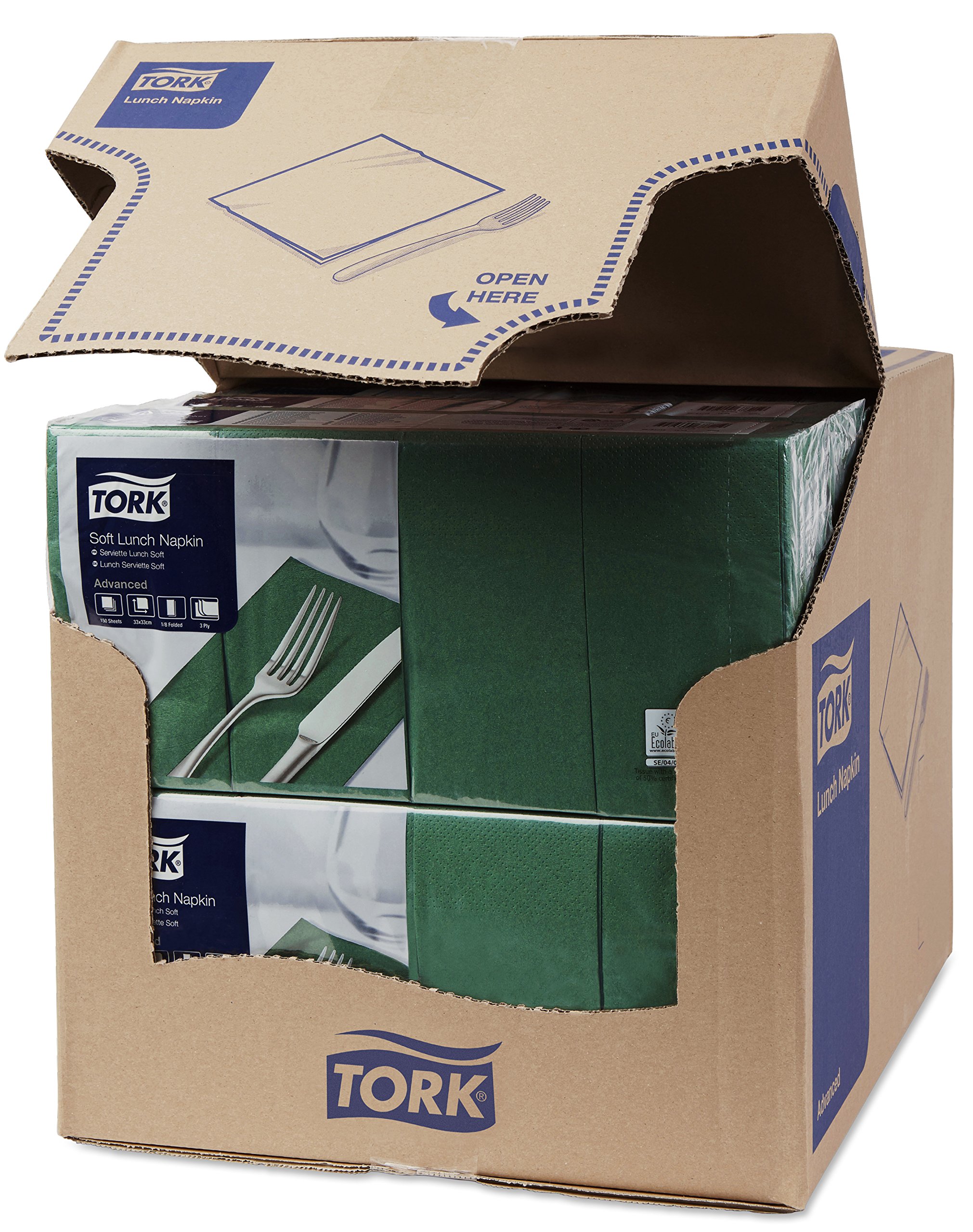 Tork 477420 Soft Lunch/Servilletas para almuerzo de tres capas/plegado americano 1/8 / color verde oscuro / 10 paquetes x 150 unidades (1500 servilletas) / 33 x 32,6 cm/Advanced