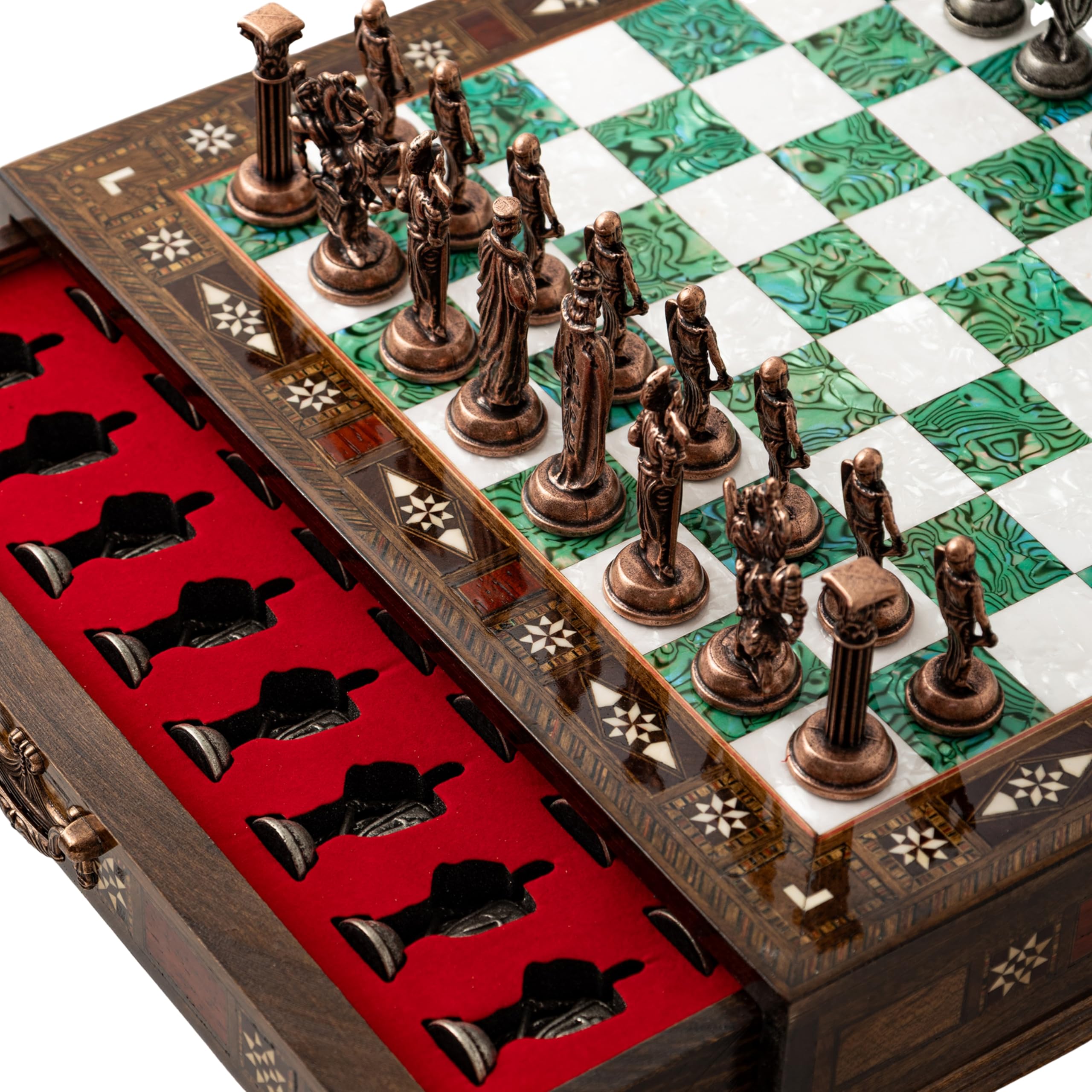 15'' Wooden Chess Set with Metal Chess Pieces – Handmade Storage Chess Board & British Metal Pieces – Elegant Chess Gift for All Ages – Gift for Him (Green)