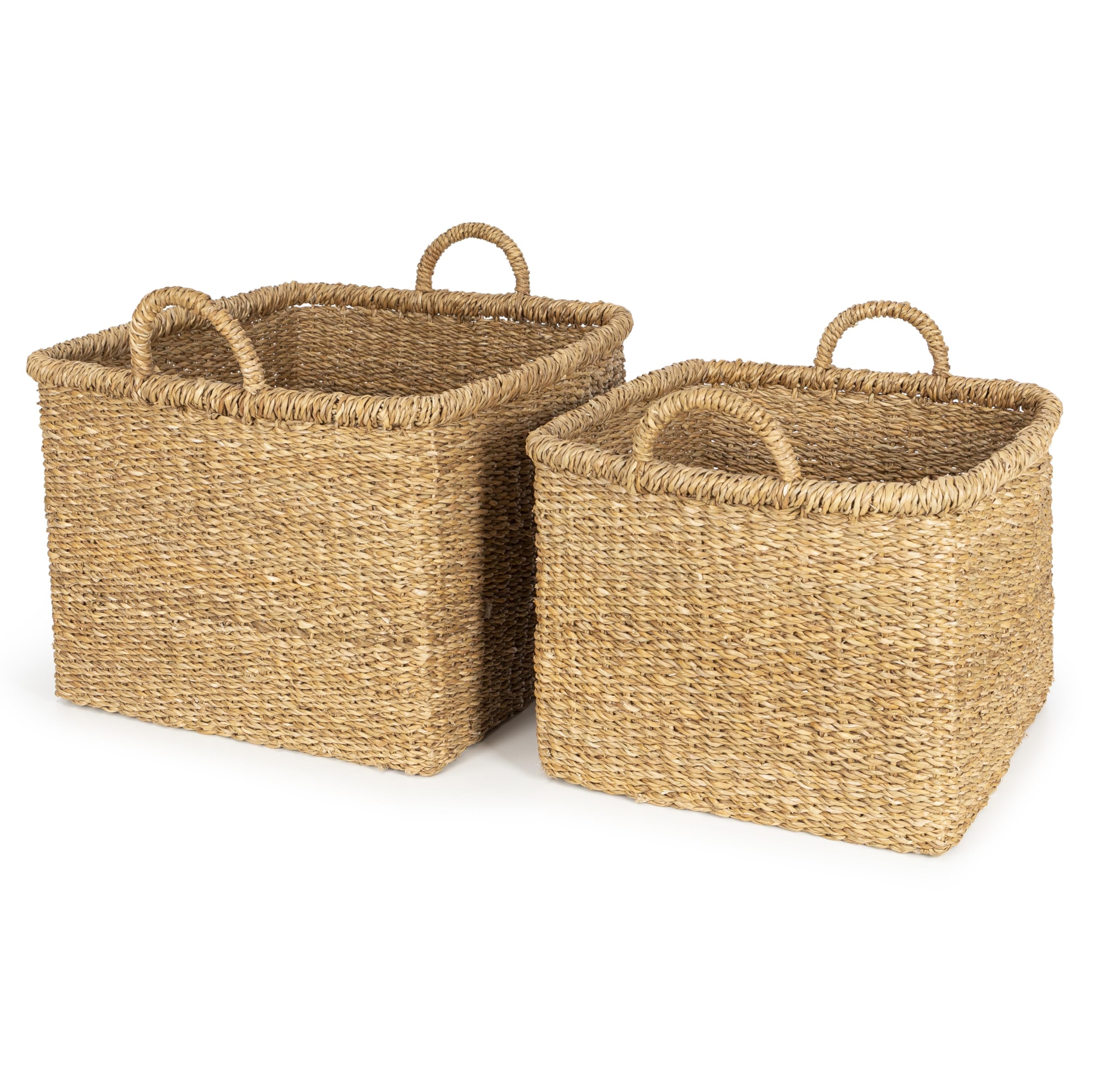 Olly & Rose Large Set 2 Premium Woven Seagrass Handmade Storage Baskets Square 45 and 40cm Large Premium Laundry Baskets and Display Versatile Natural