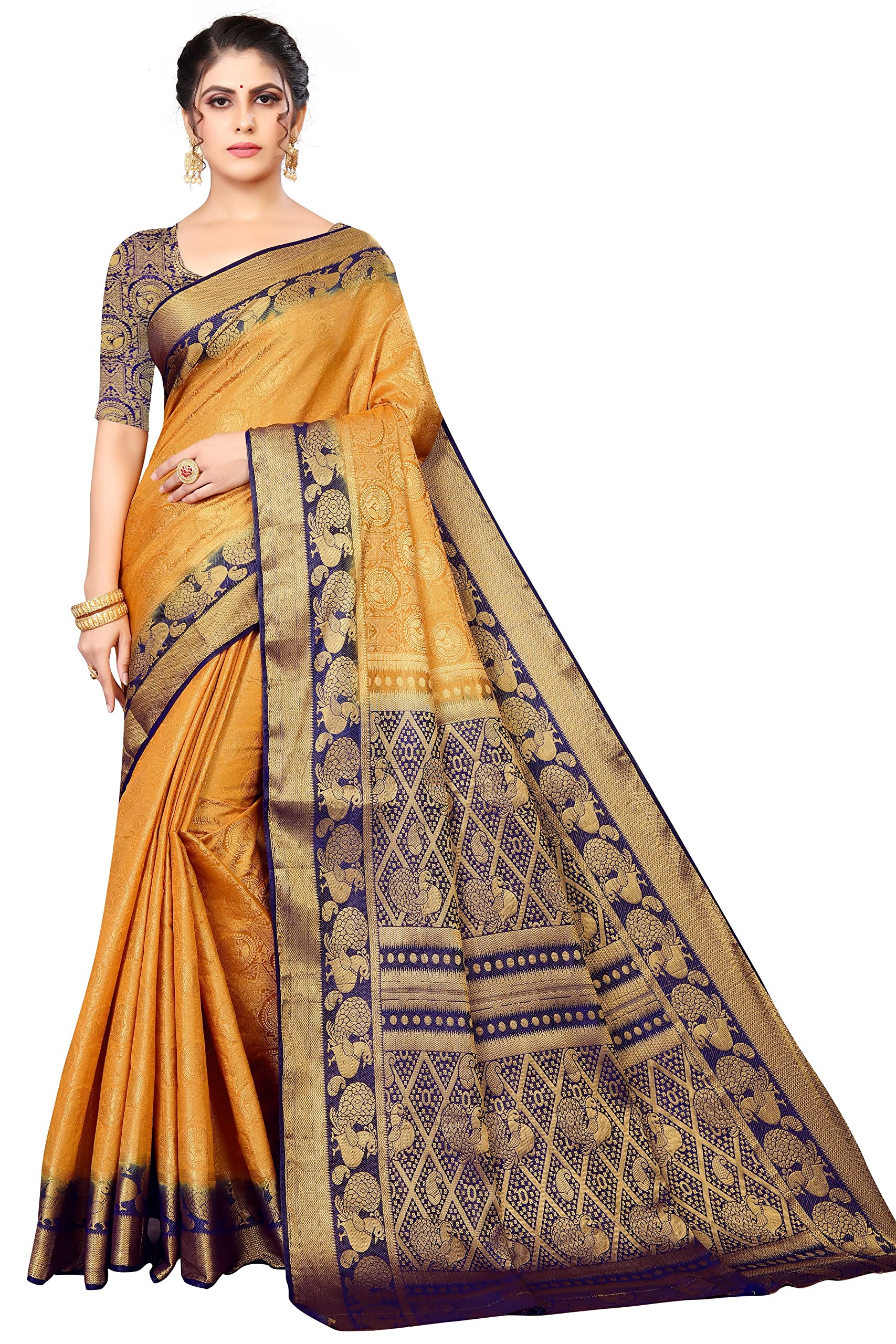 DIGSwomen's banarasi moonga silk kanjivaram style saree with unstitched blouse piece, yellow, One Size