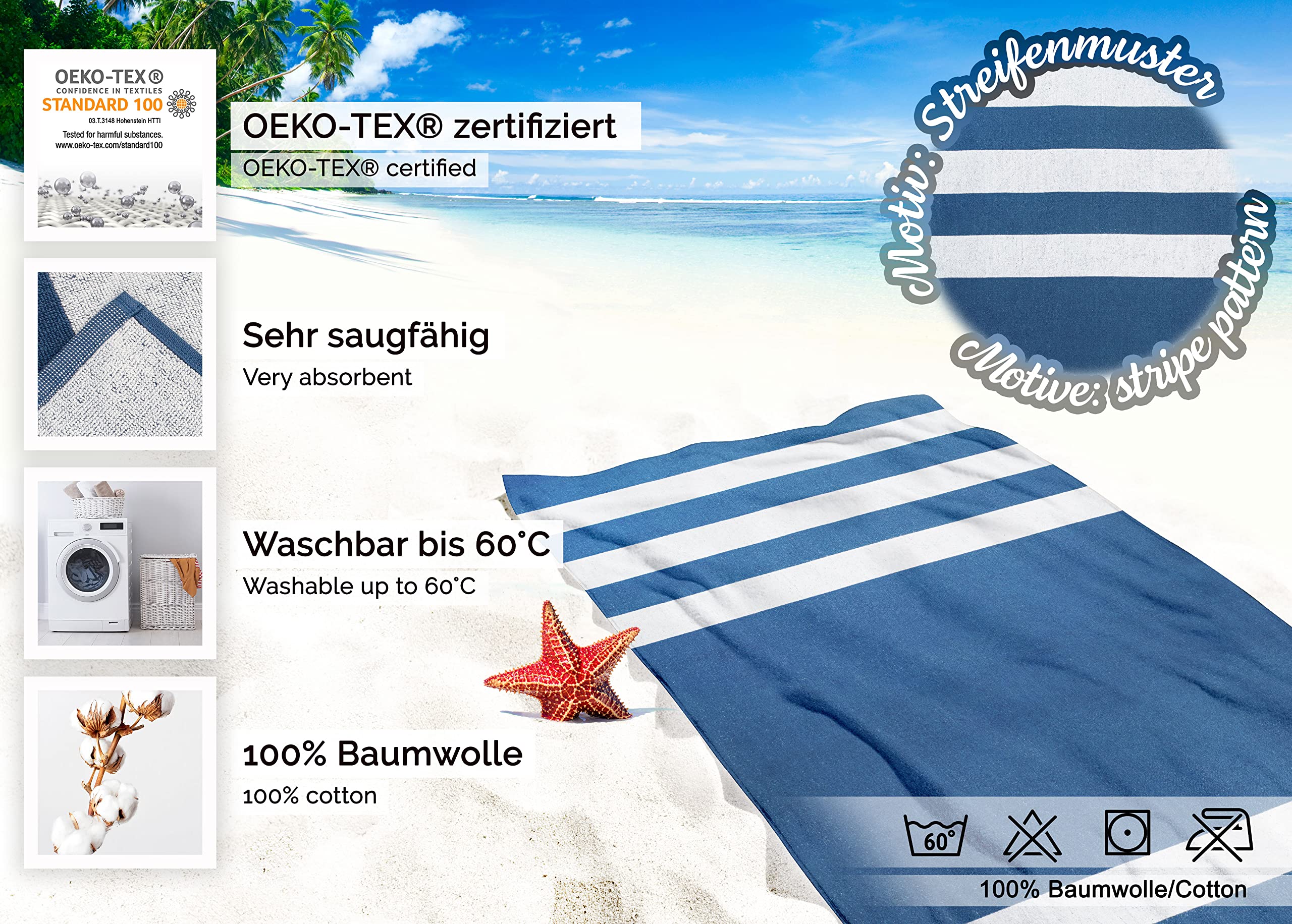 ZOLLNER Strandhanddoek, huidvriendelijke en absorberende handdoek in 100 x 200 cm, wasbaar tot 60 °C, katoen in beige, ingeweven zeediermotieven, Oeko Tex®-gecertificeerd