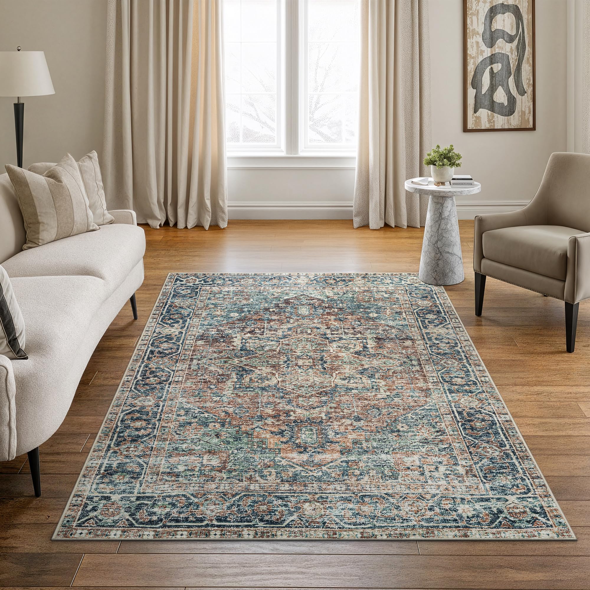 bloom rugs caria washable non-slip 5x7 rug - blue green/tangerine traditional area rug for living room, bedroom, dining room, and kitchen - exact size: 5' x 7'