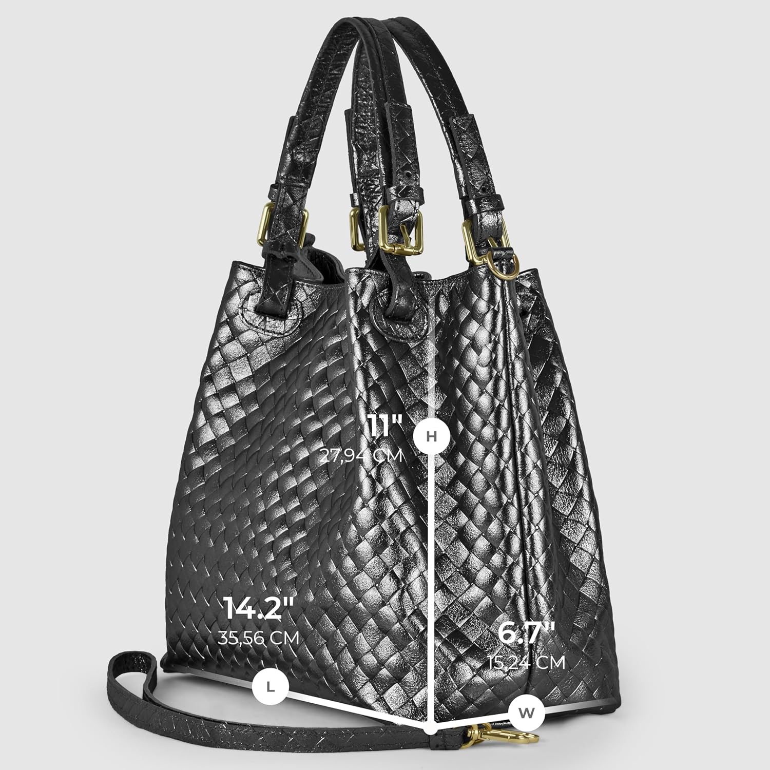 Italian Genuine Metallic Suede Handbag for Women with Adjustable Strap| Medium Woven Effect Top-Handle Crossbody - Image 4