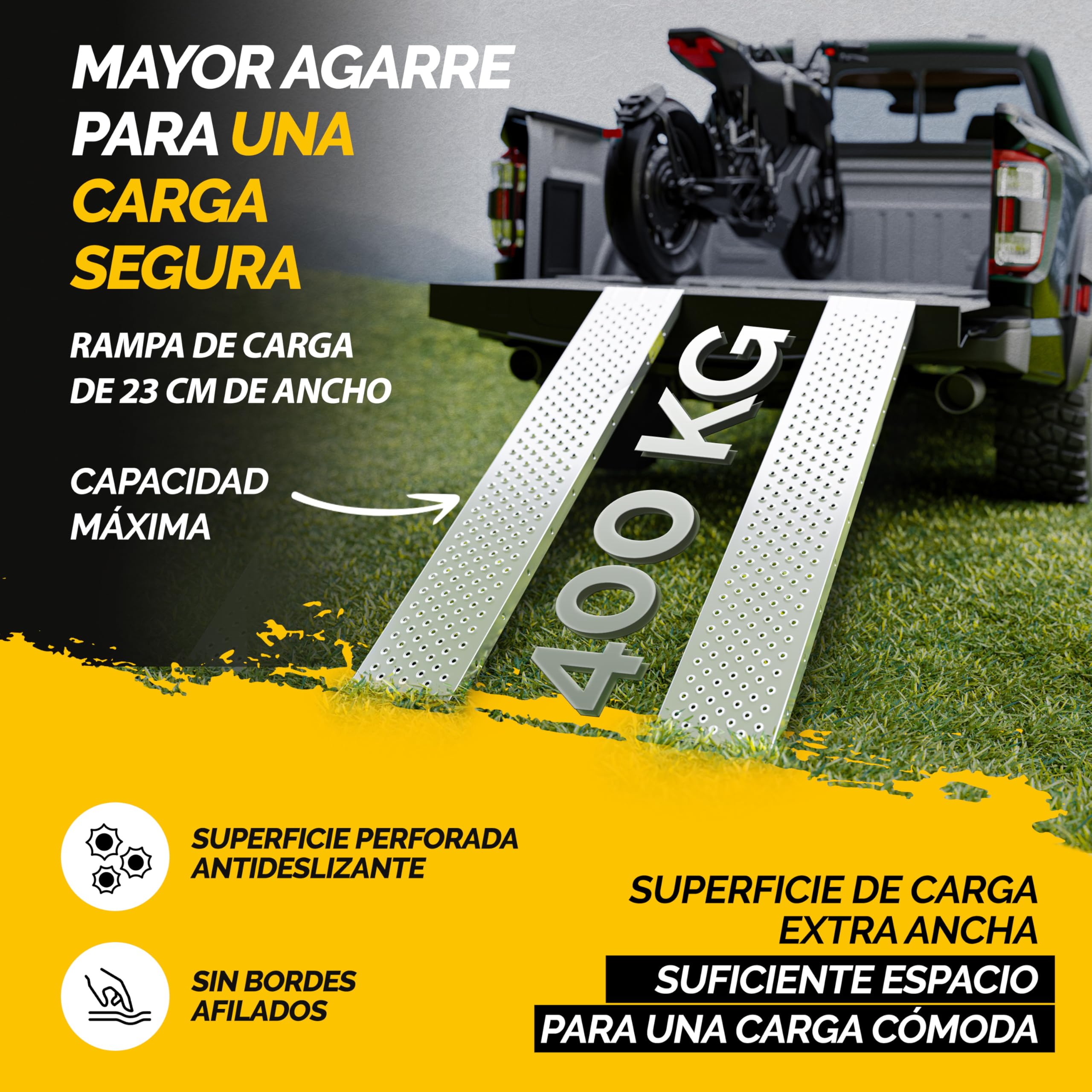 MONZANA® 2X Rampas para Coches Plegables 160cm Acero Galvanizado Carga Total 400kg Vehículos Motos Ciclomotores Rieles Antideslizante Asas Sillas de Ruedas Remolque Furgoneta Quads Riel Carretillas