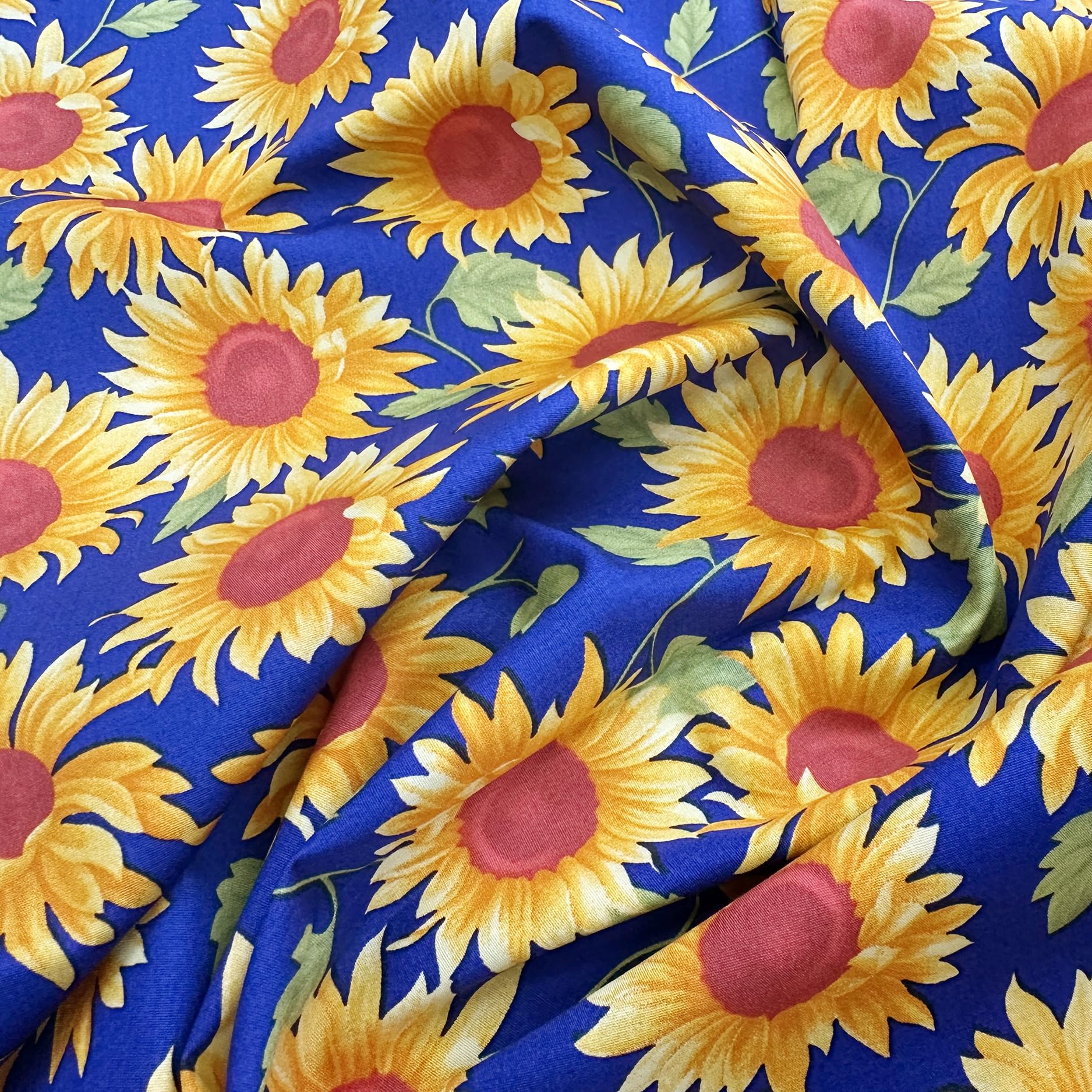Oddies Yellow 100% Cotton Poplin Fabric - Sunflowers Flower Print On Royal Blue Background - Craft Fabric Material By The Metre (Cpo785roy)