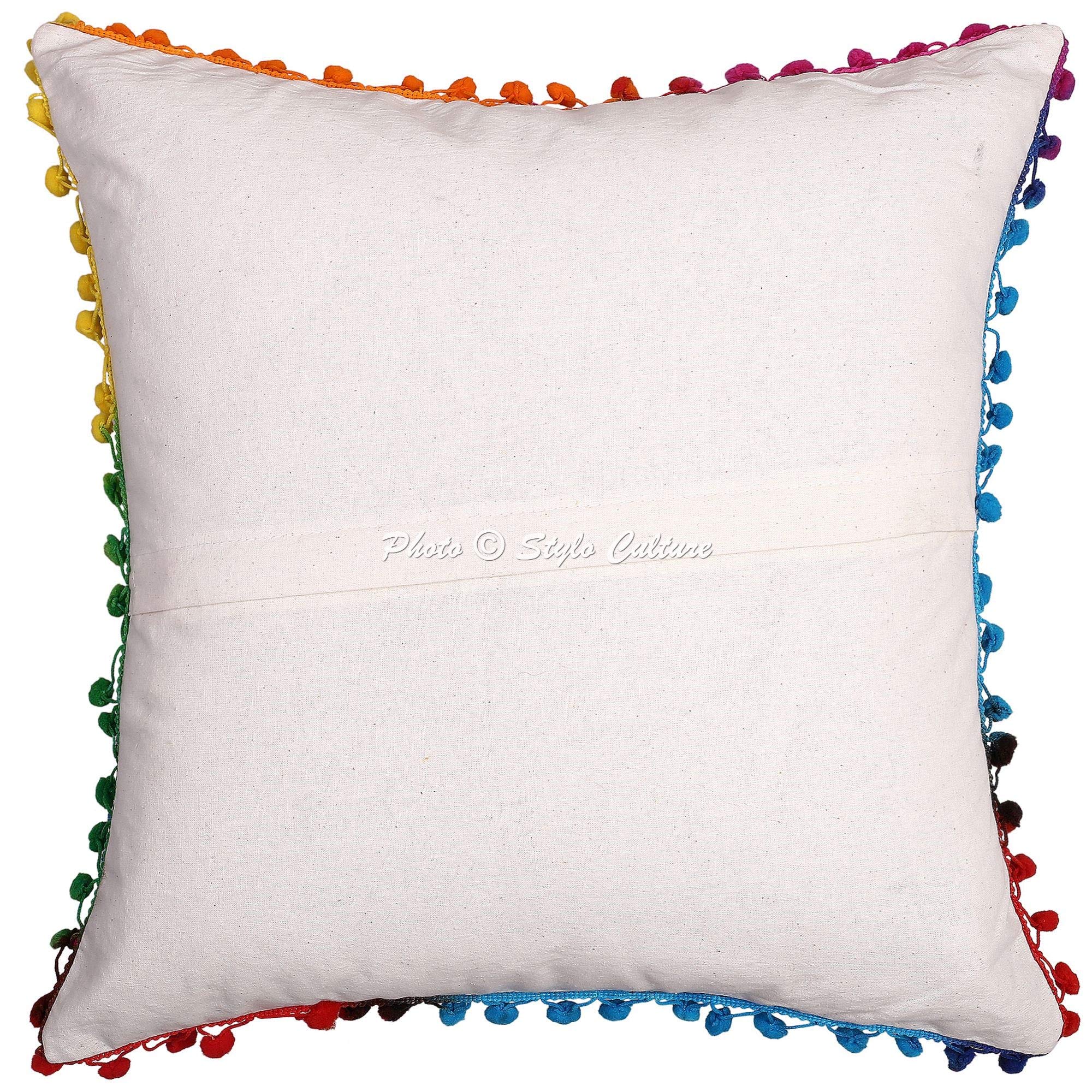 Bohemio Fundas De Almohadones Decorativa 40x40 cm Algodón Floral Forros para Cojines Silla Blanco 16x16 Inch Pompón Bordado Suzani Cuadrado Cremallera Fundas Cojines Sofa - 5 Pcs