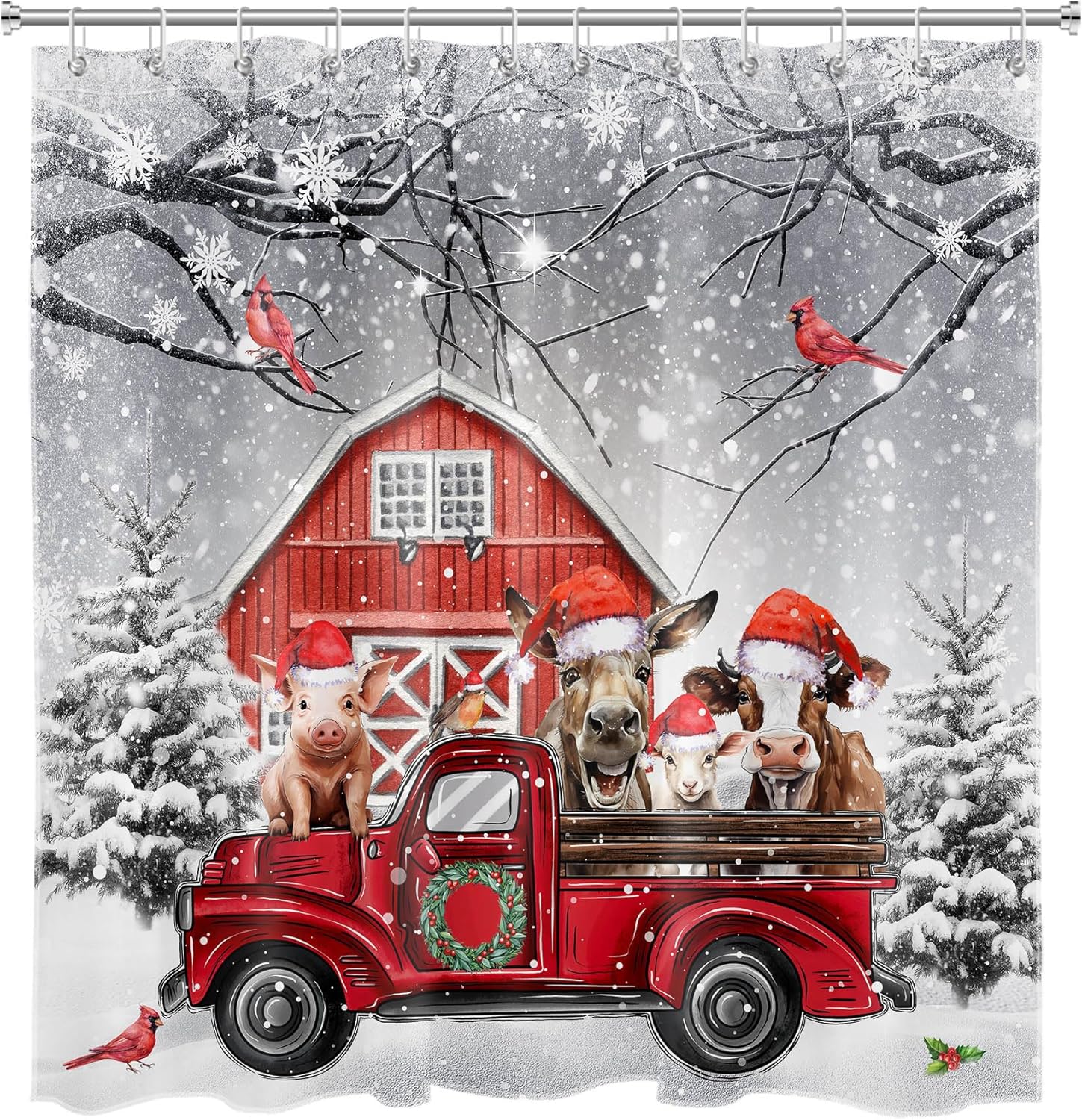 LB Christmas Red Truck Shower Curtain Sets with Rugs Farm Animal with Xmas Hat and Cardinal with Pine Tree Fabric Shower Curtain with Hooks Grey Snow Scene Bathroom Curtains Shower Set, 70x70 inches