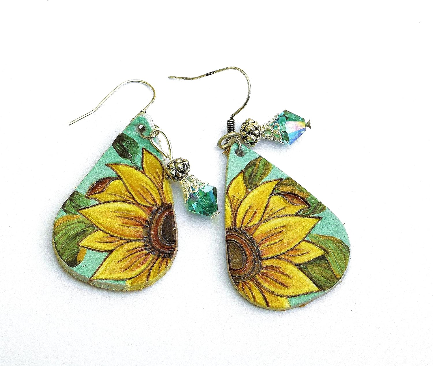 Lightweight Hand Painted Sunflower Leather Tooled Teardrop Dangle Earrings Boho Jewelry for Young Women