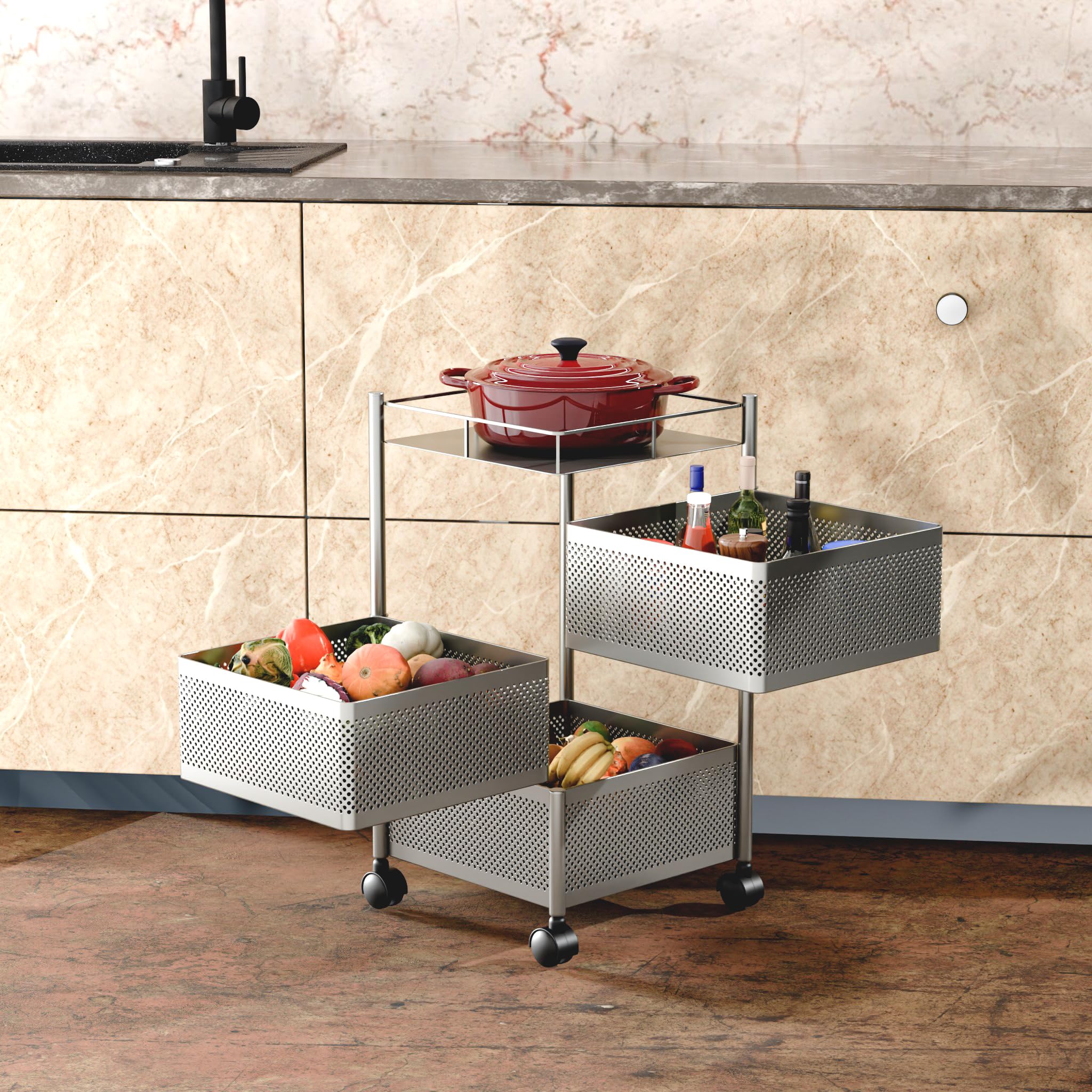 TEX-RO Kitchen Trolley with Wheels | 3-Layer Metal Vegetable Basket Stand & Kitchen Storage Rack | Multipurpose Kitchen Organizer for Onion Potato Storage (Silver Grey)