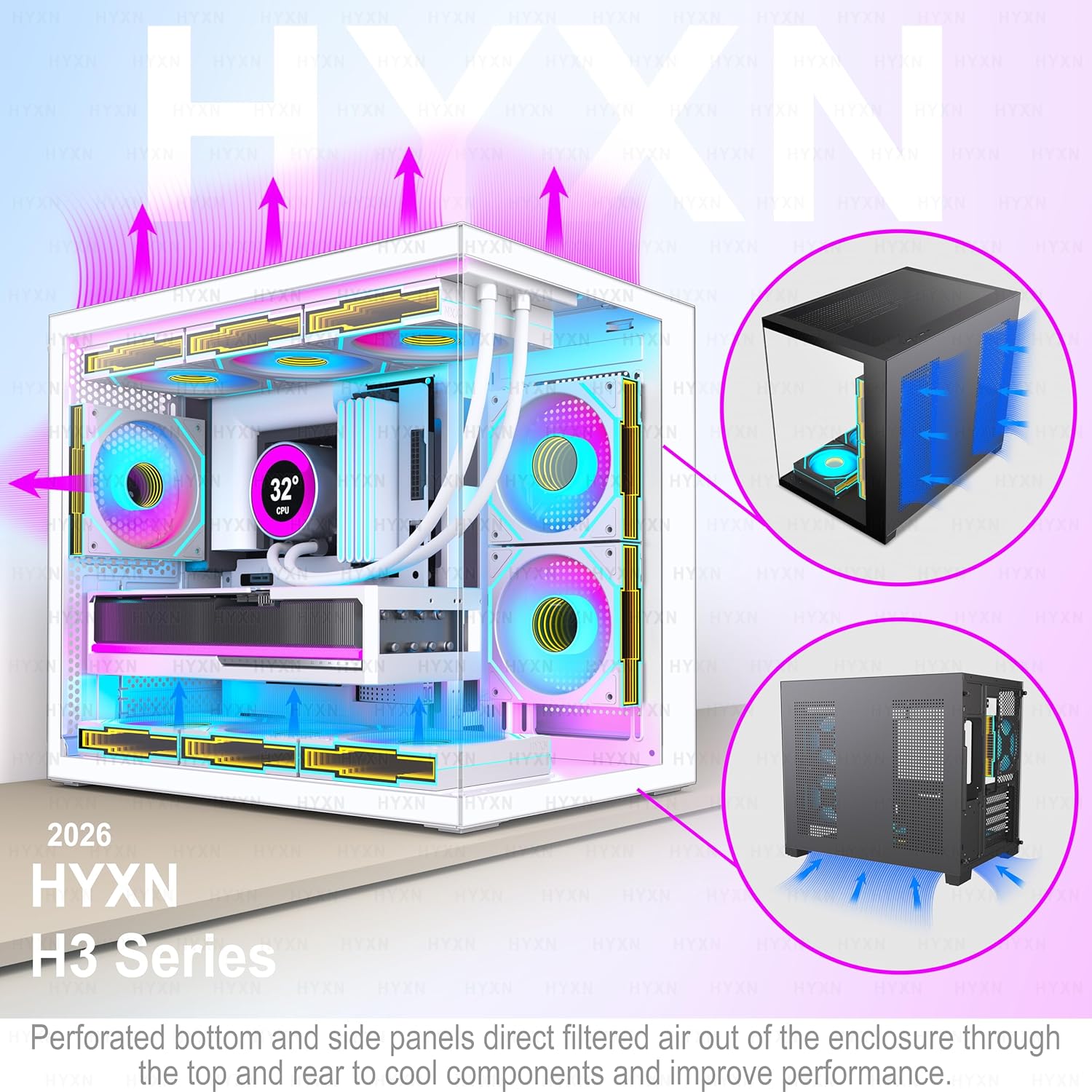 H3 HYXN ATX PC Case - Pre-Installed with 6 Infinity Mirror PWM ARGB Fans - Compact Dual Cavity Mid-Tower PC Gaming Case - with Type-C 3.2-360mm Radiator Support, White