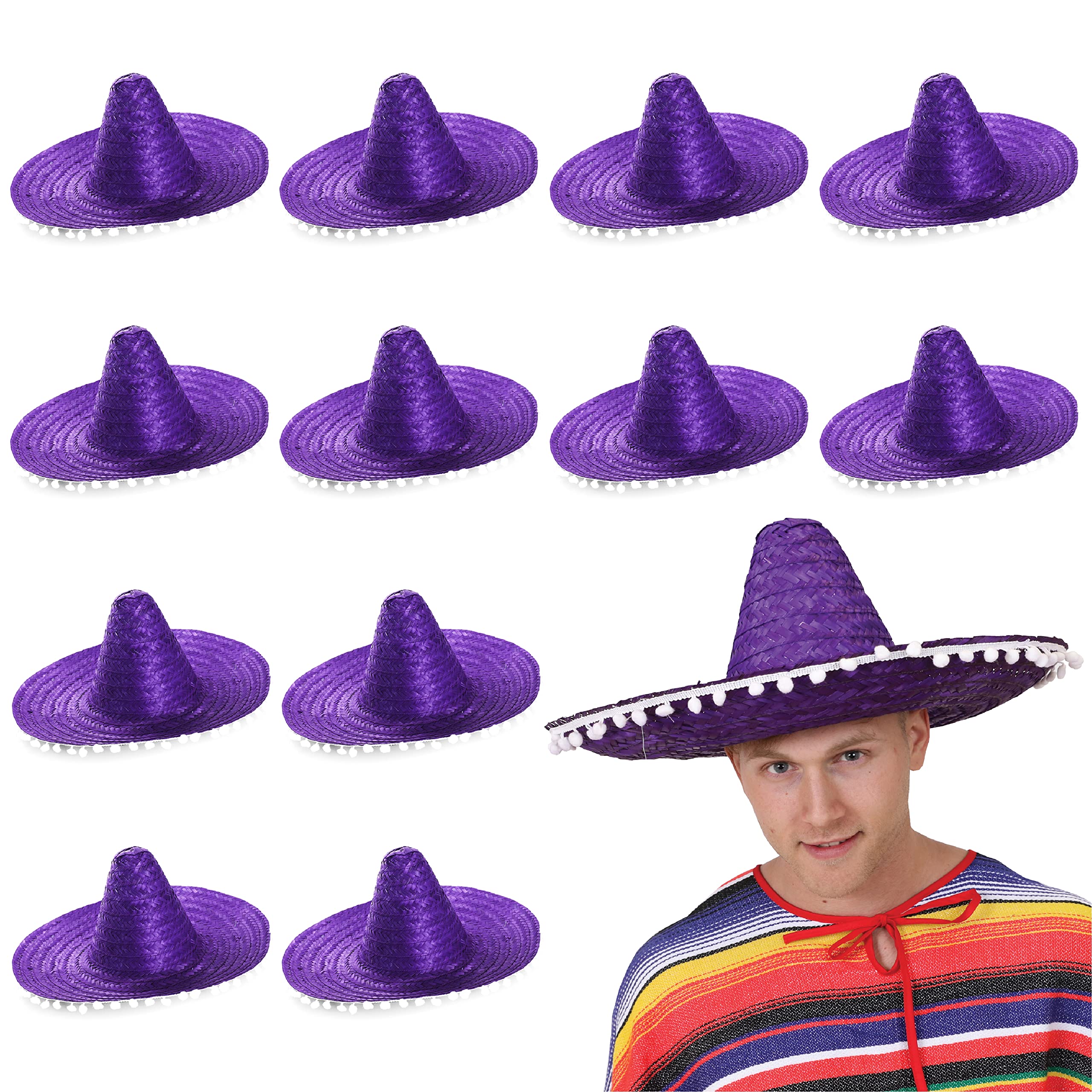Sombrero Messicano con Pompon, Costume da Cappello di Paglia Viola. Ideale per addii al Celibato/Nubilato, Estate, Spiaggia, Commercio all'Ingrosso Disponibile in Multipli