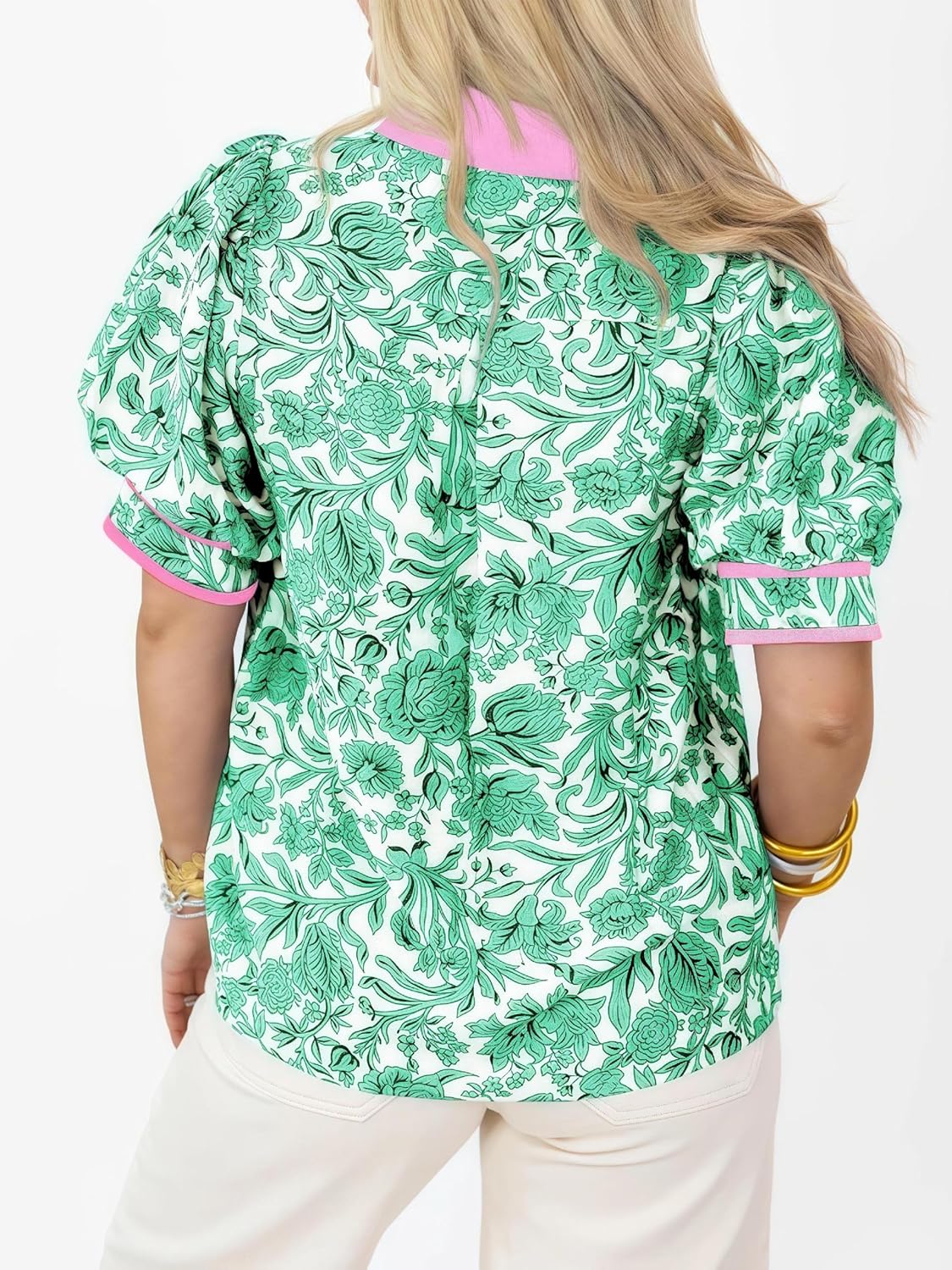 Womens Floral Print Puff Sleeve Top V Neck Color Block Collared Blouse Shirts - Image 4