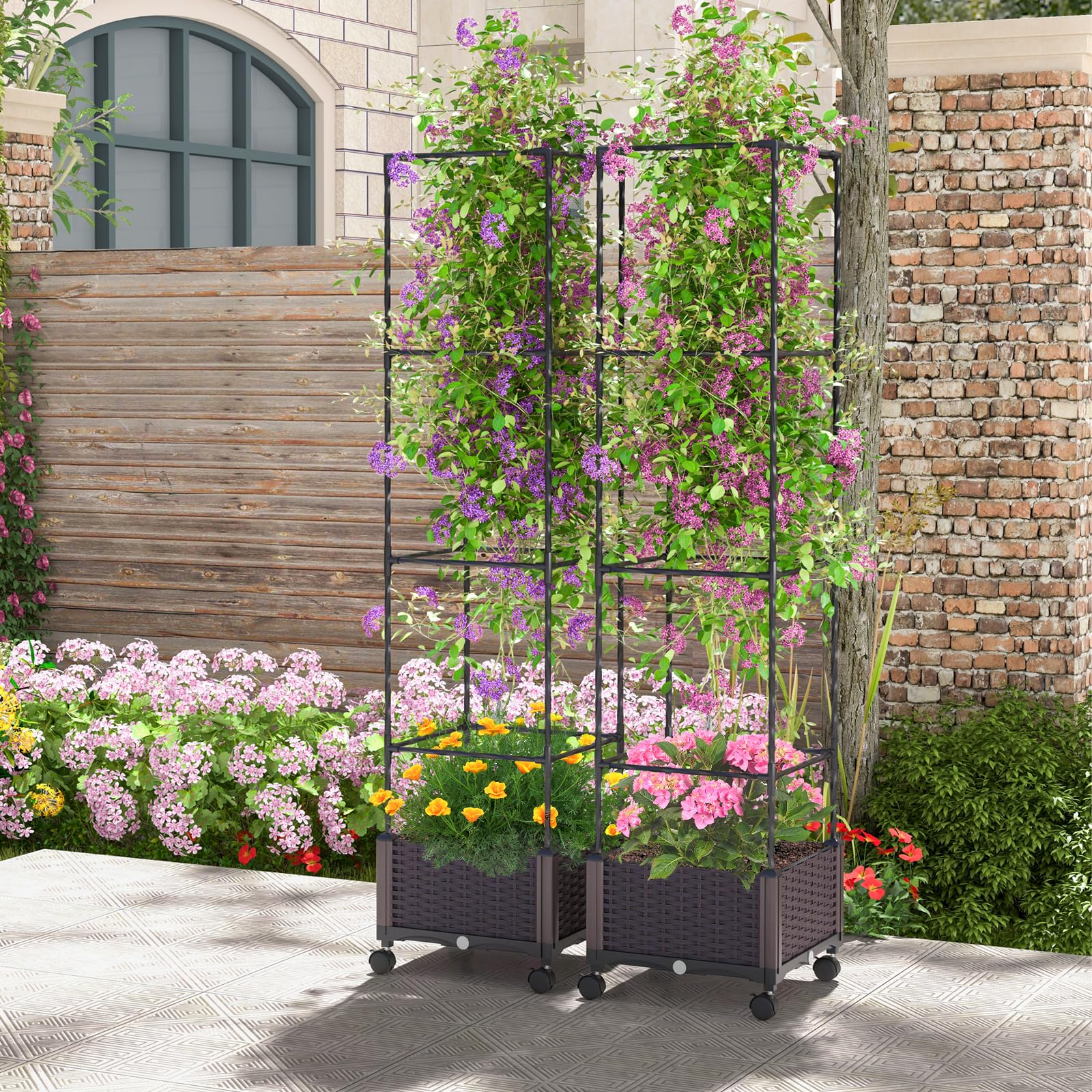 COSTWAY Rankhilfe mit Blumenkasten auf Rollen, Garten Obelisk höhenverstellbar, beschichtetes Metall & PP, Rankgitter mit Pflanzkasten & Selbstbewässerung, für Blumen Kletterpflanzen, 40x40x170cm