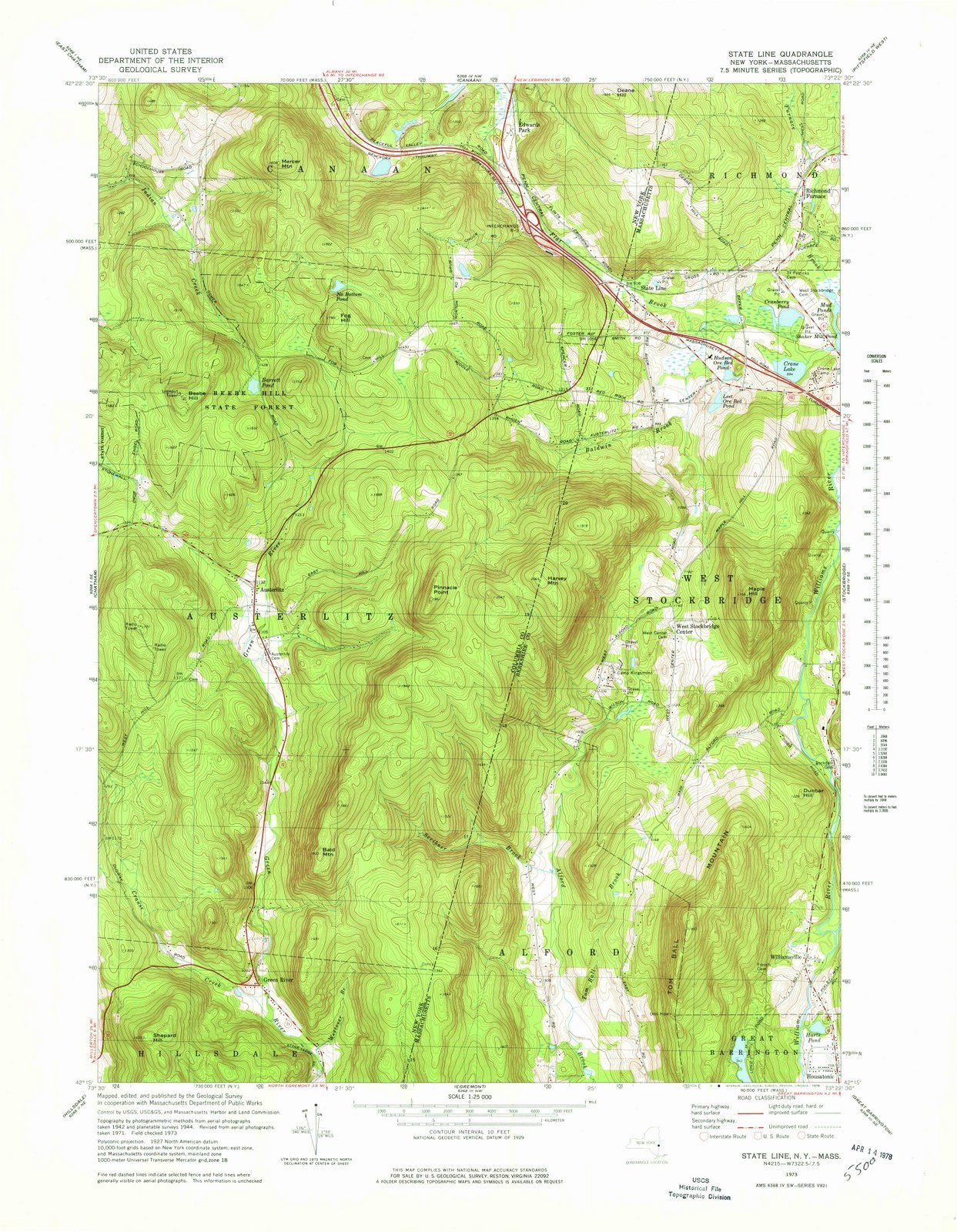 Massachusetts Maps - 1973 State Line, MA - USGS Historical Topographic Wall Art : 18in x 24in