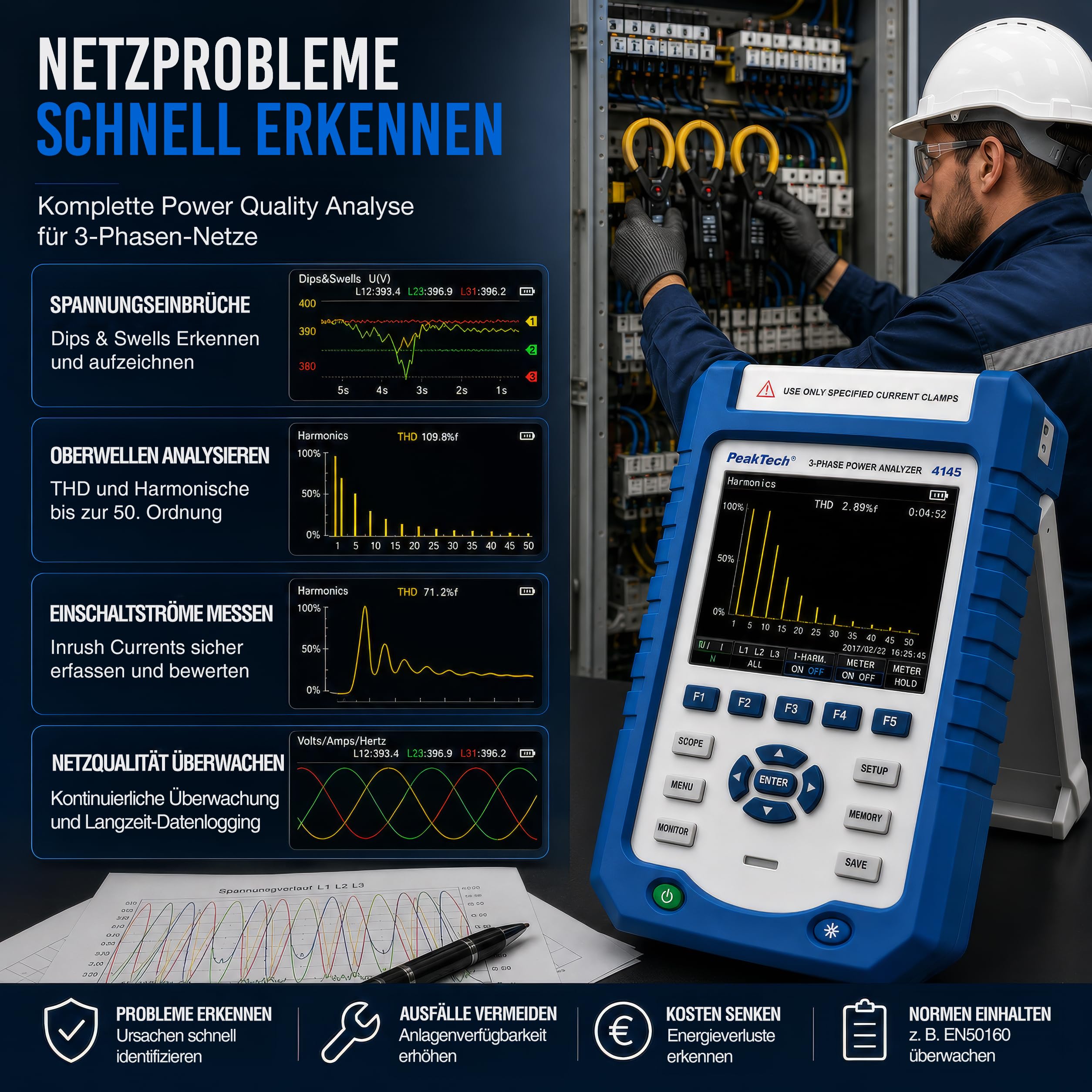 PeakTech P 4145 3-Phasen Leistungsanalysator Netzanalysator LAN USB TFT-Farbdisplay Datenlogger CAT III 1000 V