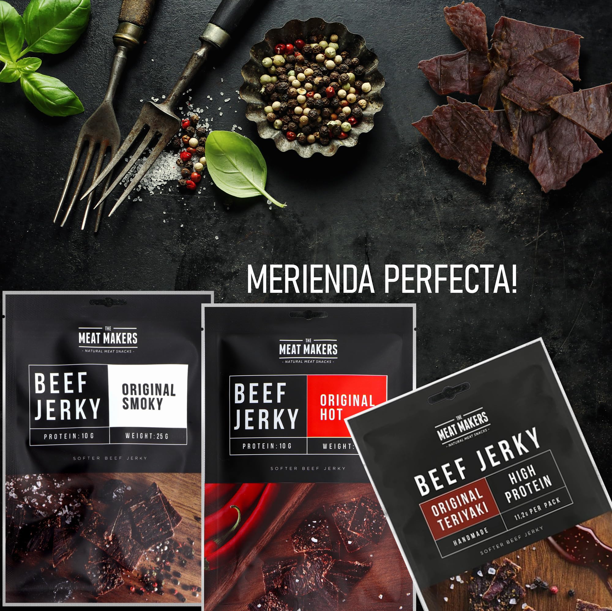 The Meat Makers Dried Beef Jerky Snack Mix Smoky Teriyaki Hot 300g (12x25g) - Cecina de Vaca, Carne Seca, Snack de Carne, Carne seca para personas.