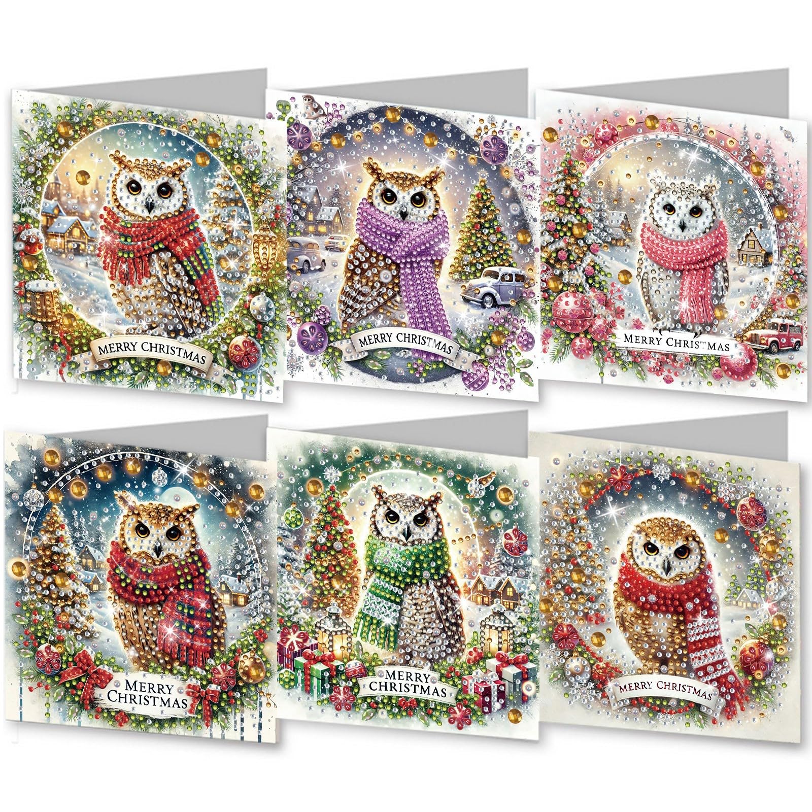 Lebartm 6Pcs Folding Christmas Greeting Card DIY Diamond Art Painting Creative Design Foldable Thank You Cards with White Envelopes Blessing Greeting Card Set for Festival Birthday-Owl โ image 1