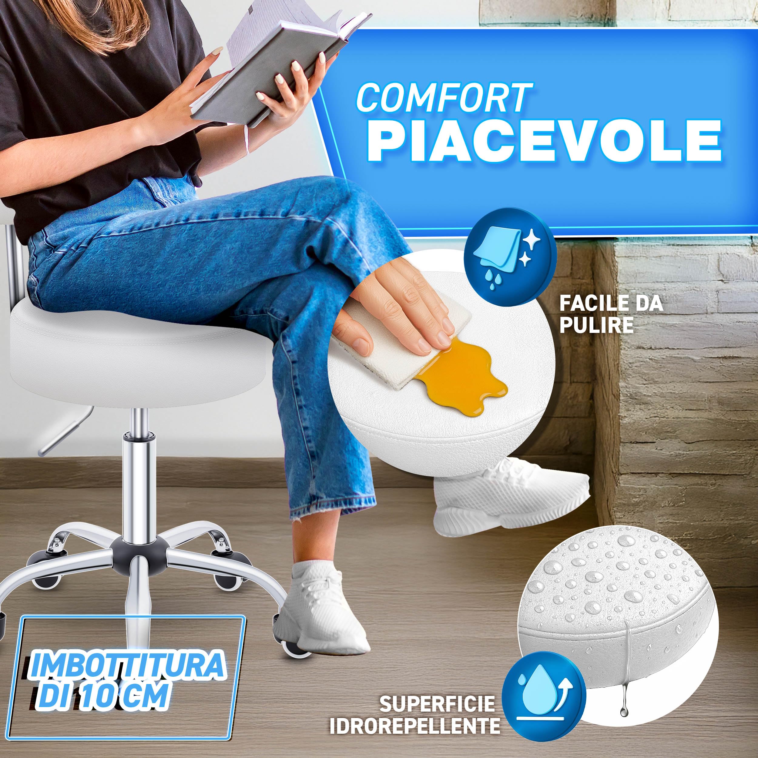 TRESKO Sgabello a rotelle con schienale bianco, regolabile in altezza 46-58 cm, sgabello girevole con ruote, sedia da ufficio, sgabello girevole per cosmetici