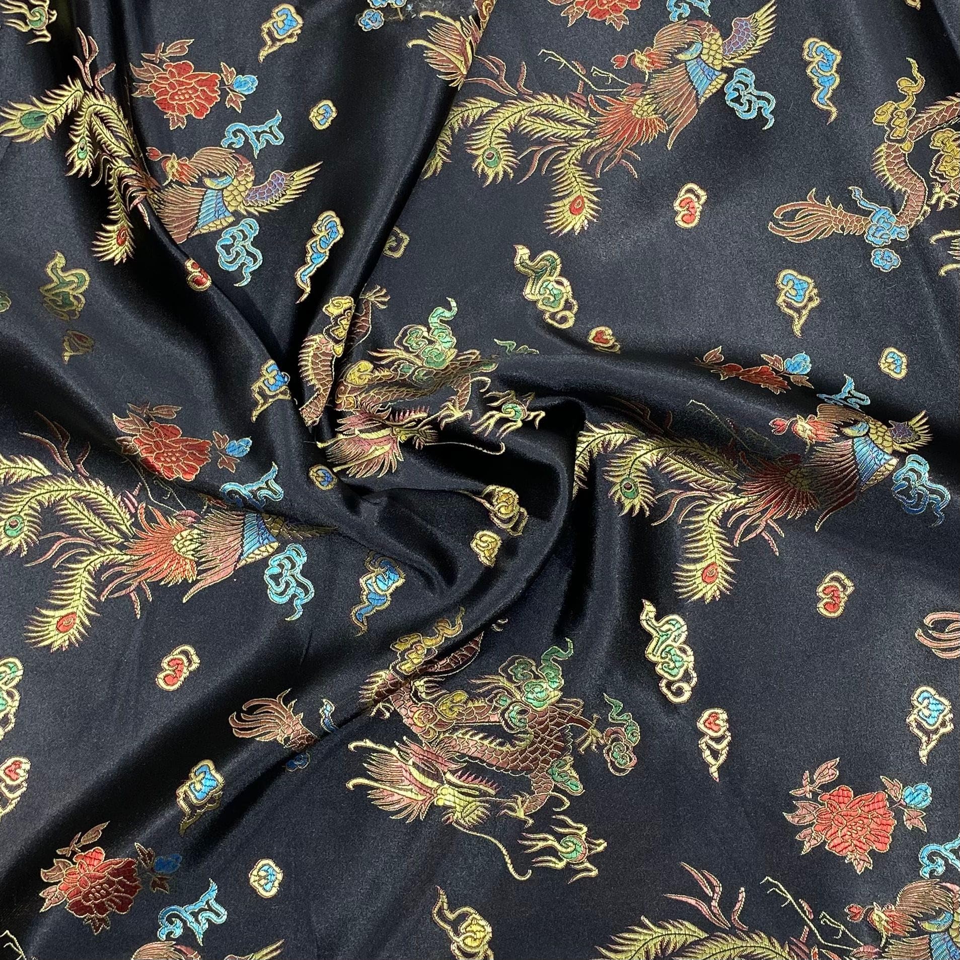 Chinese Embroidered Brocade Fabric 100% Polyester Silky Satin Dragon Floral Prints 44” Wide Various Colours Available (Dragon Black)