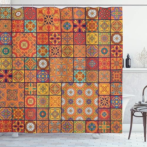 Miniatura 154 de Ambesonne Cortina de ducha hawaiana, diseño de hibisco hawaiano tropical, silueta de niña, tabla de surf, impresión de arte retro, juego de Fucsia