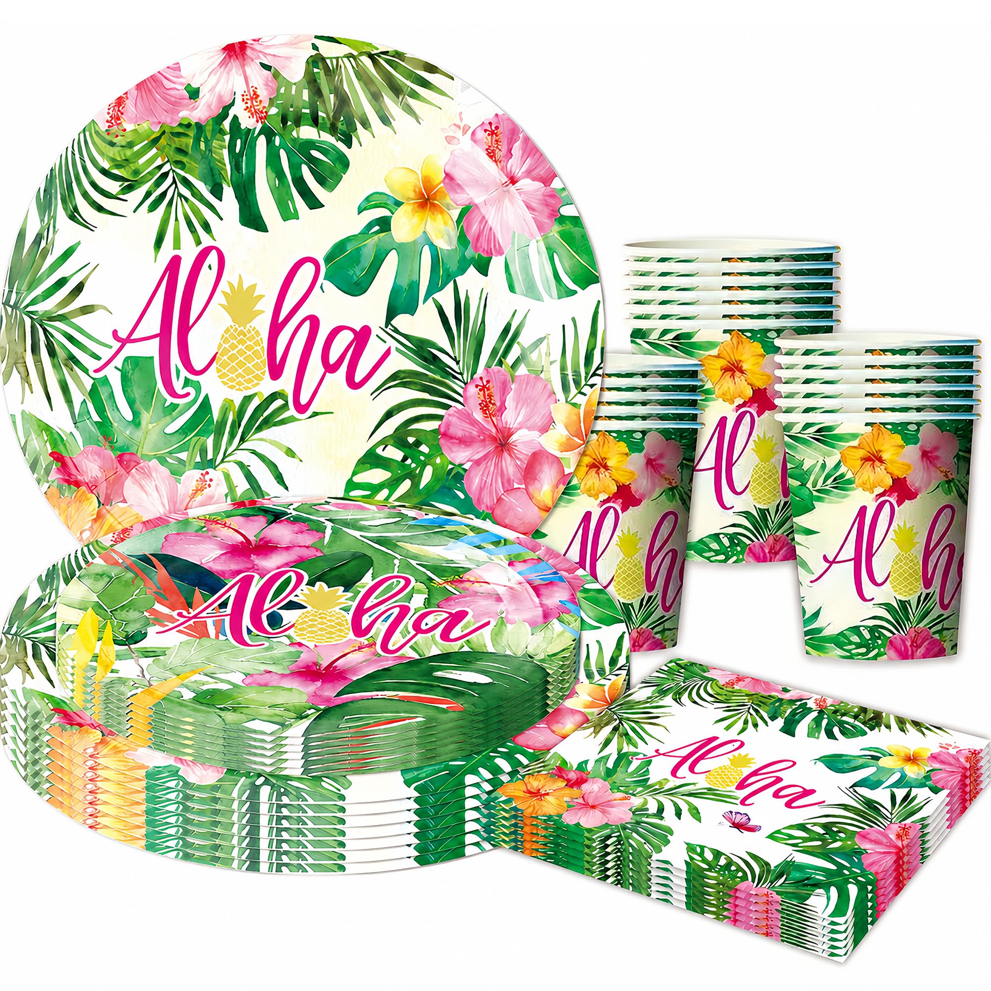Summer Hawaiian Party Decorations Aloha Hawaiian Party Supplies 50Pcs Tropical Tablewear with Plates Cups Napkins Summer Party Tableware Set for Birthday Beach Pool Garden Party