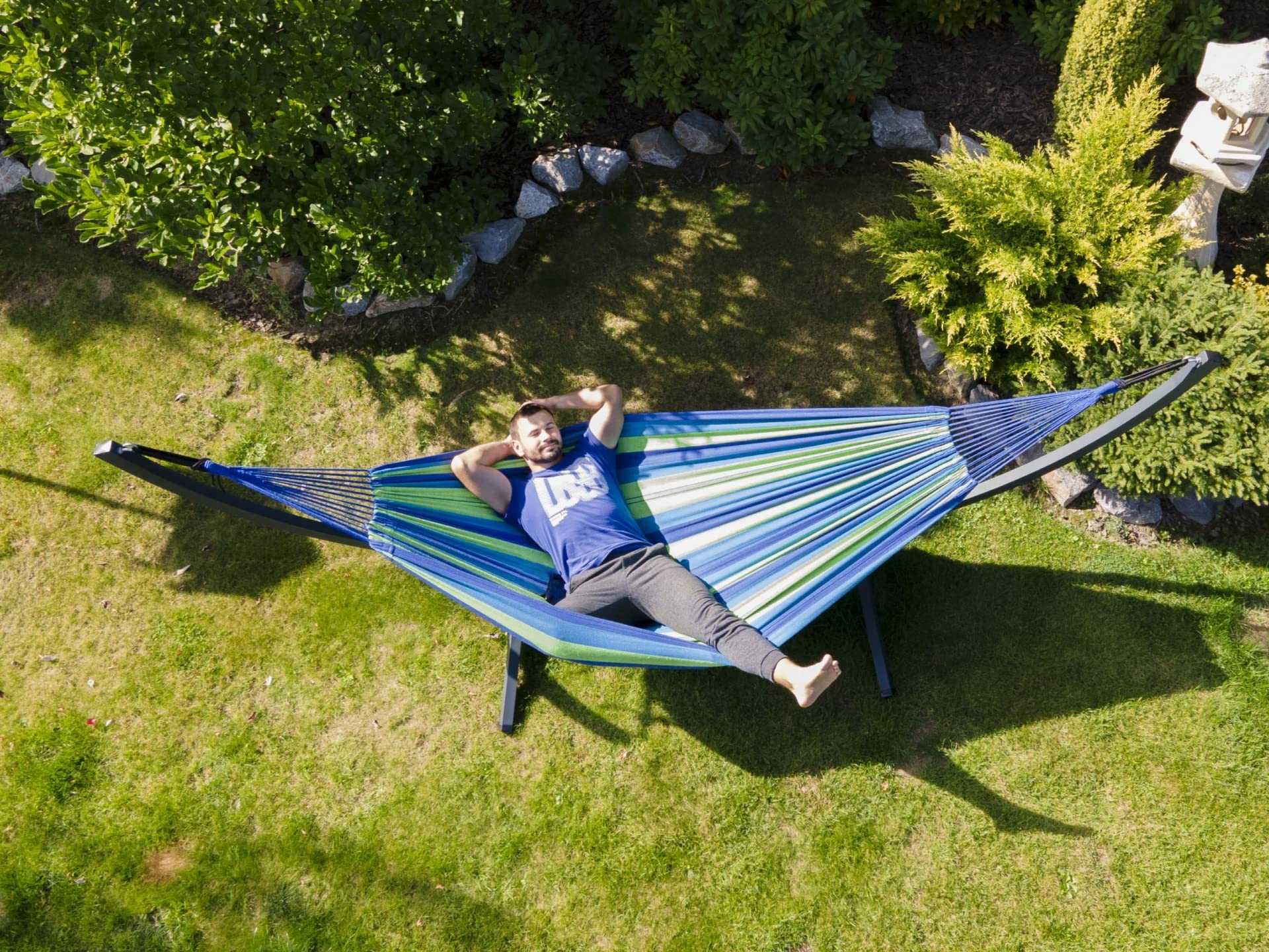 Potenza® Hamac avec Support Anti-rouille pour 2 personnes Démontable – Les Hamacs Double XXL - Lit en métal galvanisé antirouille suspendu portable - Jardin - Support Graphite un Hamac à franges Crème