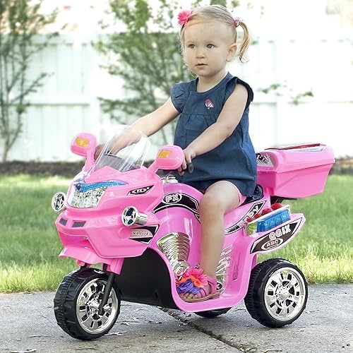 Lil' Rider Motocicleta eléctrica para niños – Motocicleta de 3 ruedas a batería para niños de 3 a 6 años – Divertidas calcomanías – Reversa y faros