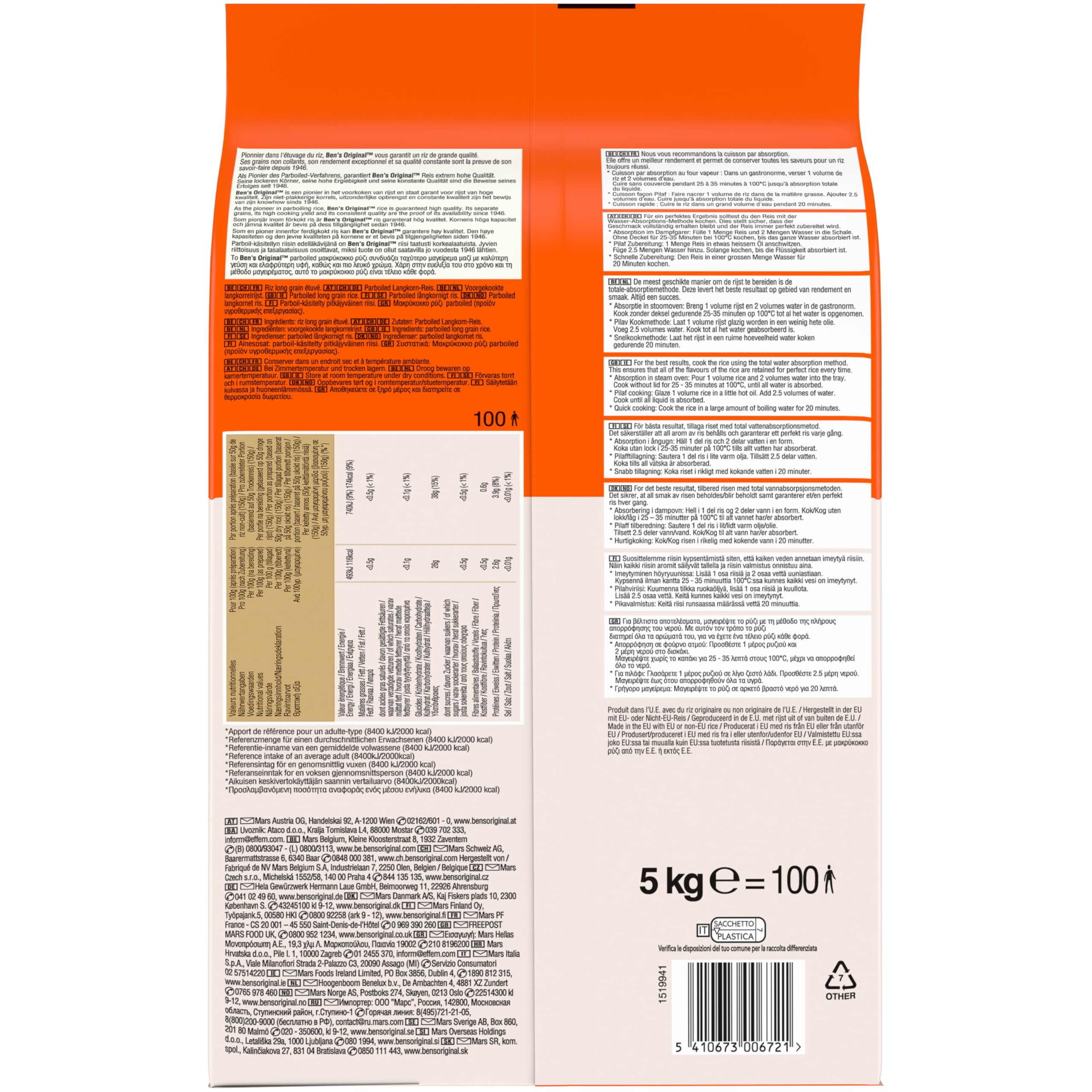 Ben's Original Arroz suelto en 20 minutos, arroz de grano largo original, 5 kg, 100 porciones