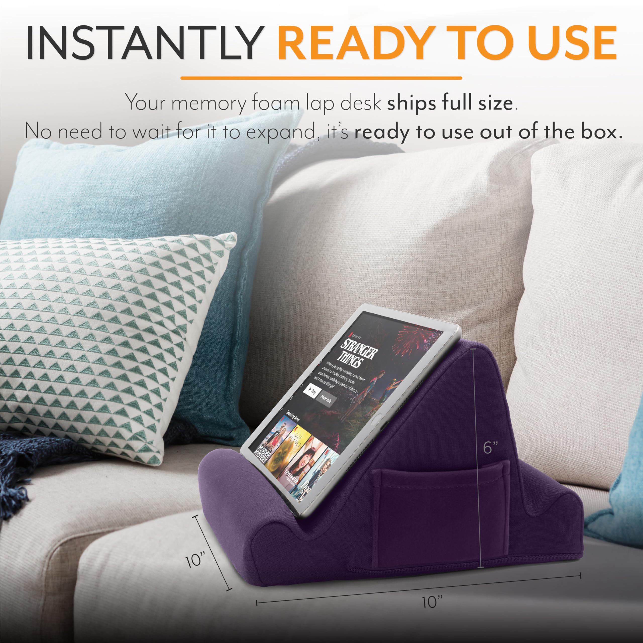 Brookstone, Supporto da scrivania in memory foam per tablet, può contenere telefoni, iPad, lettori di e-book, 2 angoli di visione, 2 tasche laterali per accessori, cuscino porta libri, perfetto per