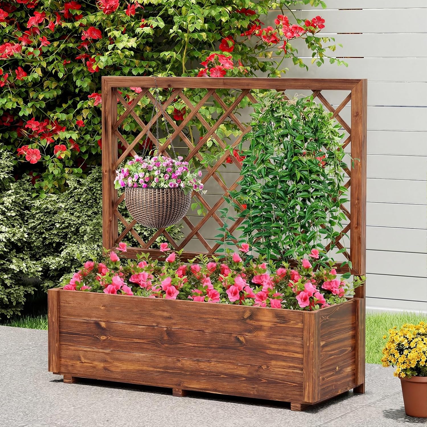 Giantex Raised Garden Bed with Trellis, 39”x14”x40” Wood Elevated Planter Box w/Drainage Hole for Climbing Vine Flower Herb Vegetable Fruit, Planting Container for Indoor Outdoor Patio Balcony