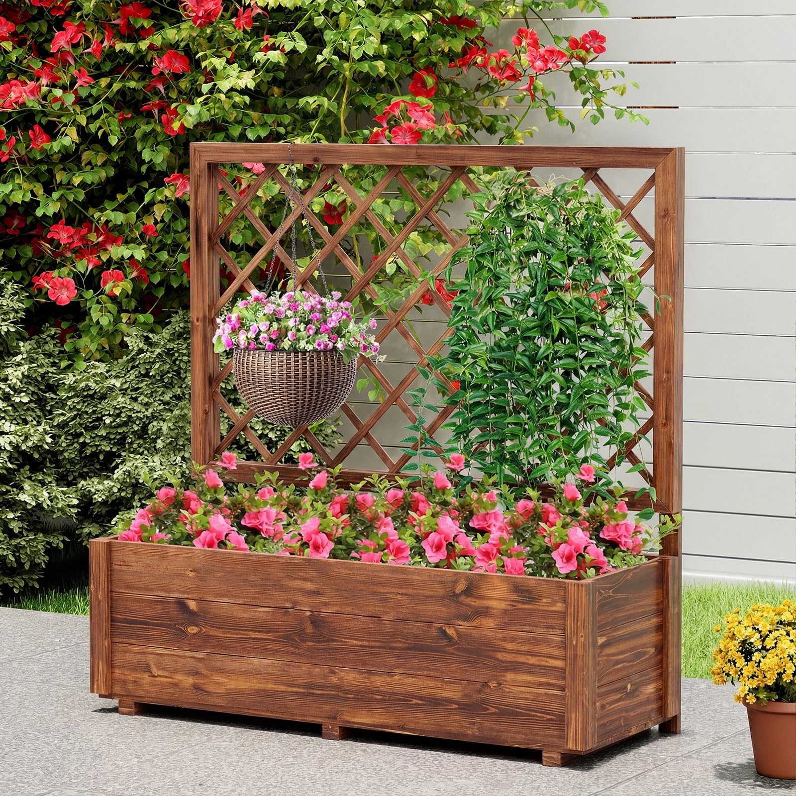 COSTWAY Fioriera Rialzata con Traliccio | Letto Rialzato da Giardino in Legno con Grigliato e Fori di Drenaggio, per Piante Rampicanti da Interno ed Esterno