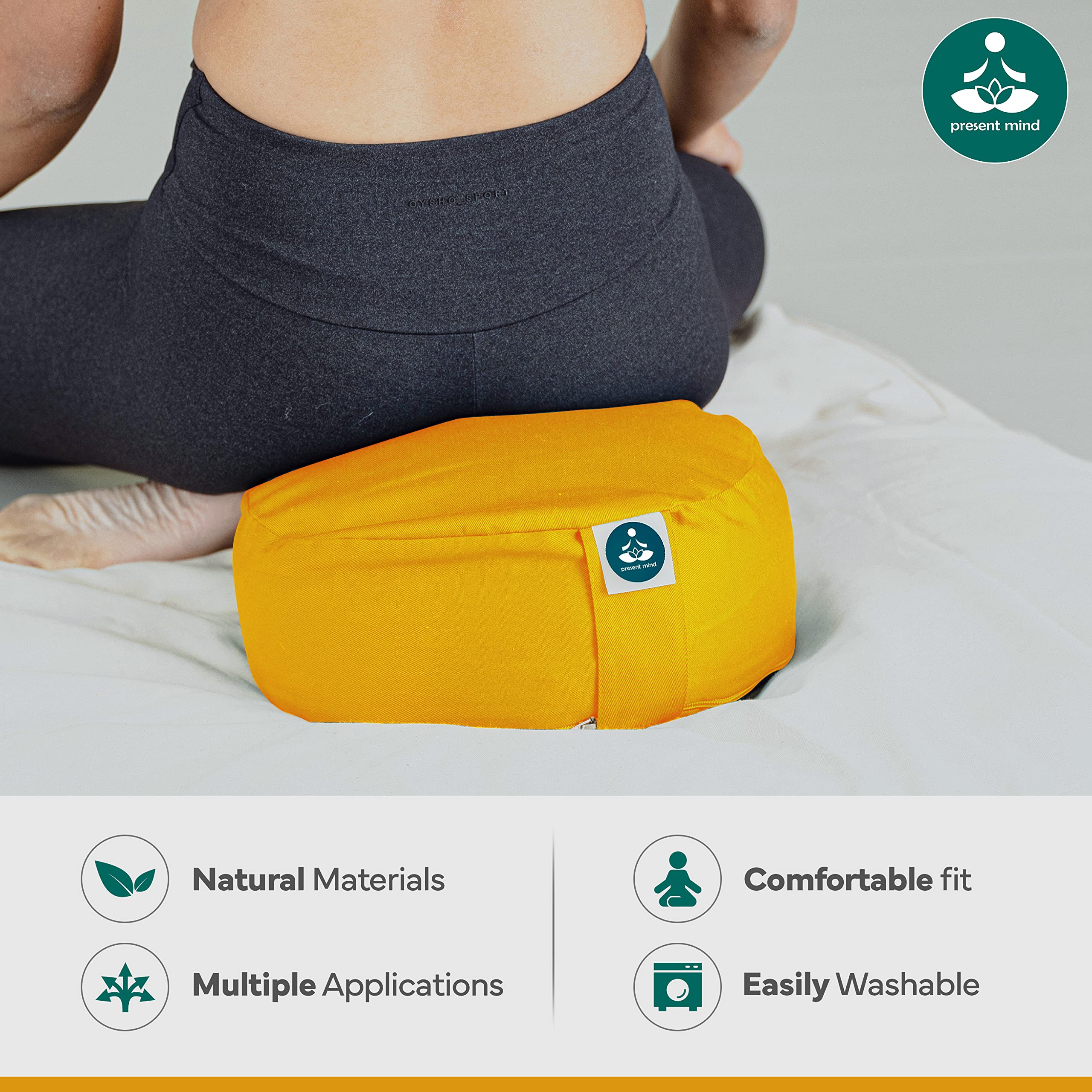 Present Mind (Hoogte 15 cm) Halve Maan Zafu Yoga Bolster voor Yin Yoga Gemaakt in de EU - Cement Grijs 100% Natuurlijk Katoen Yoga Kussen met Wasbare Covers