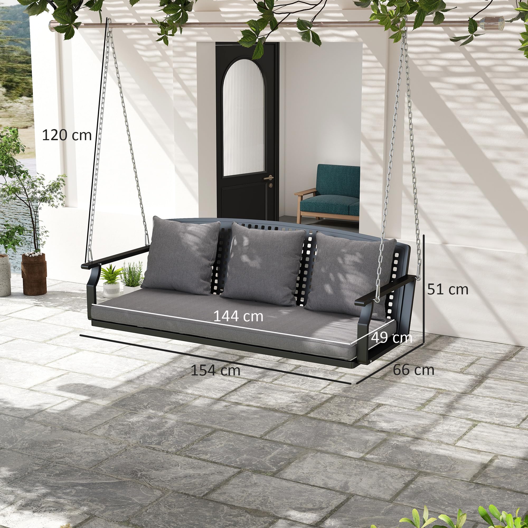 Outsunny Hängebank, 3-Sitzer Schaukelbank mit 3 Rückenkissen, Gartenschaukel aus Stahl zum Aufhängen, bis 360 kg Belastbar, für Balkon, Terrasse, Grau, 154 x 66 x 51 cm