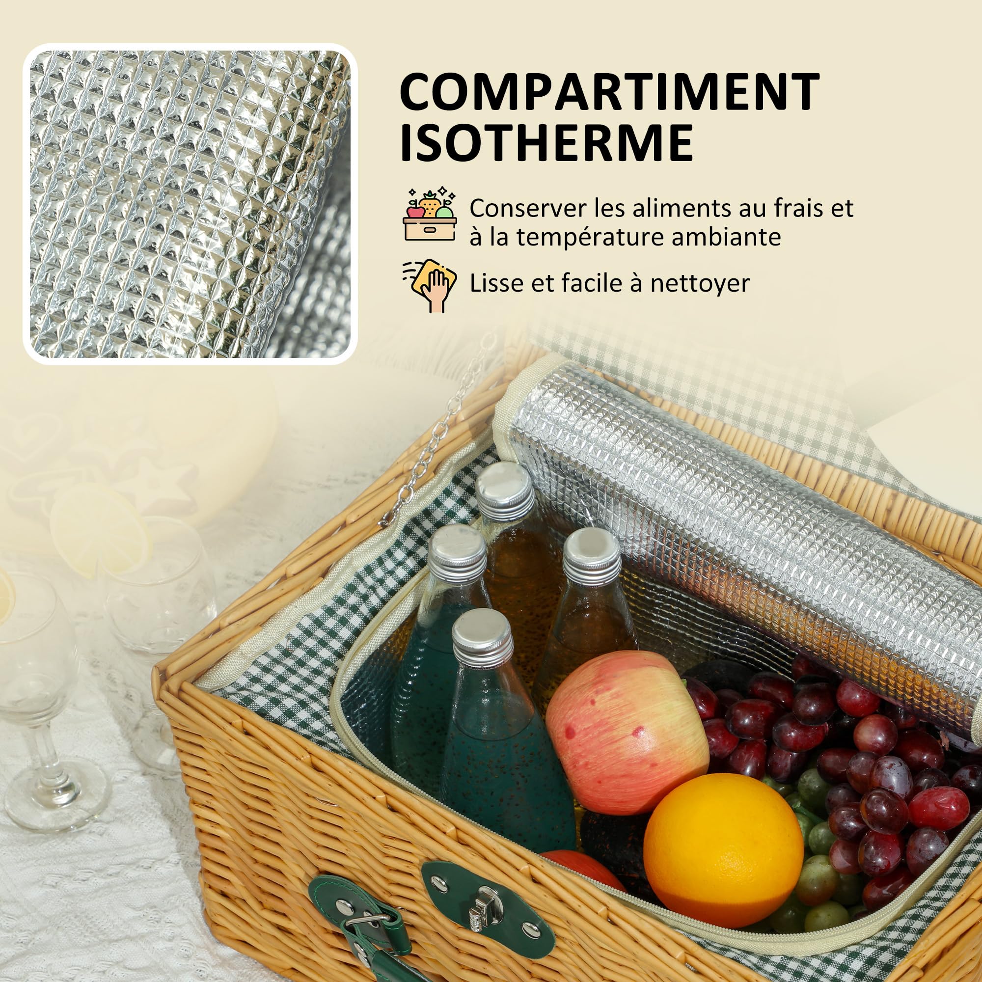 Outsunny Panier Pique Nique en Osier pour 2 Personnes, Panier Picnic avec Compartiment Isotherme et Couverture de Pique-Nique imperméable, poignée de Transport, pour Camping randonnée BBQ, Marron