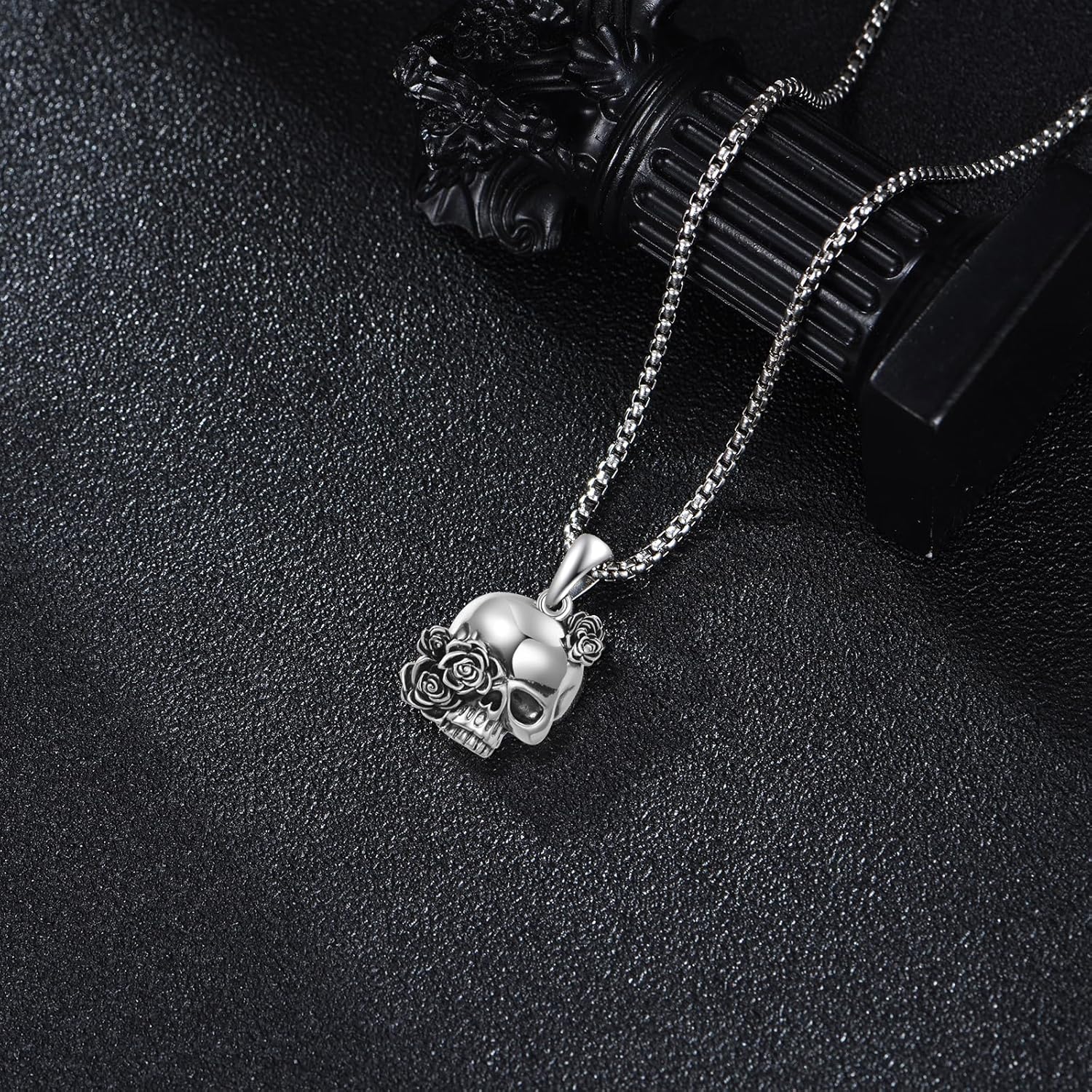 YAFEINI Skull Rose Necklace 925 Sterling Silver Gothic Skull Pendant Necklace Punk Rock Jewelry Gothic Gifts for Women Men - Image 4