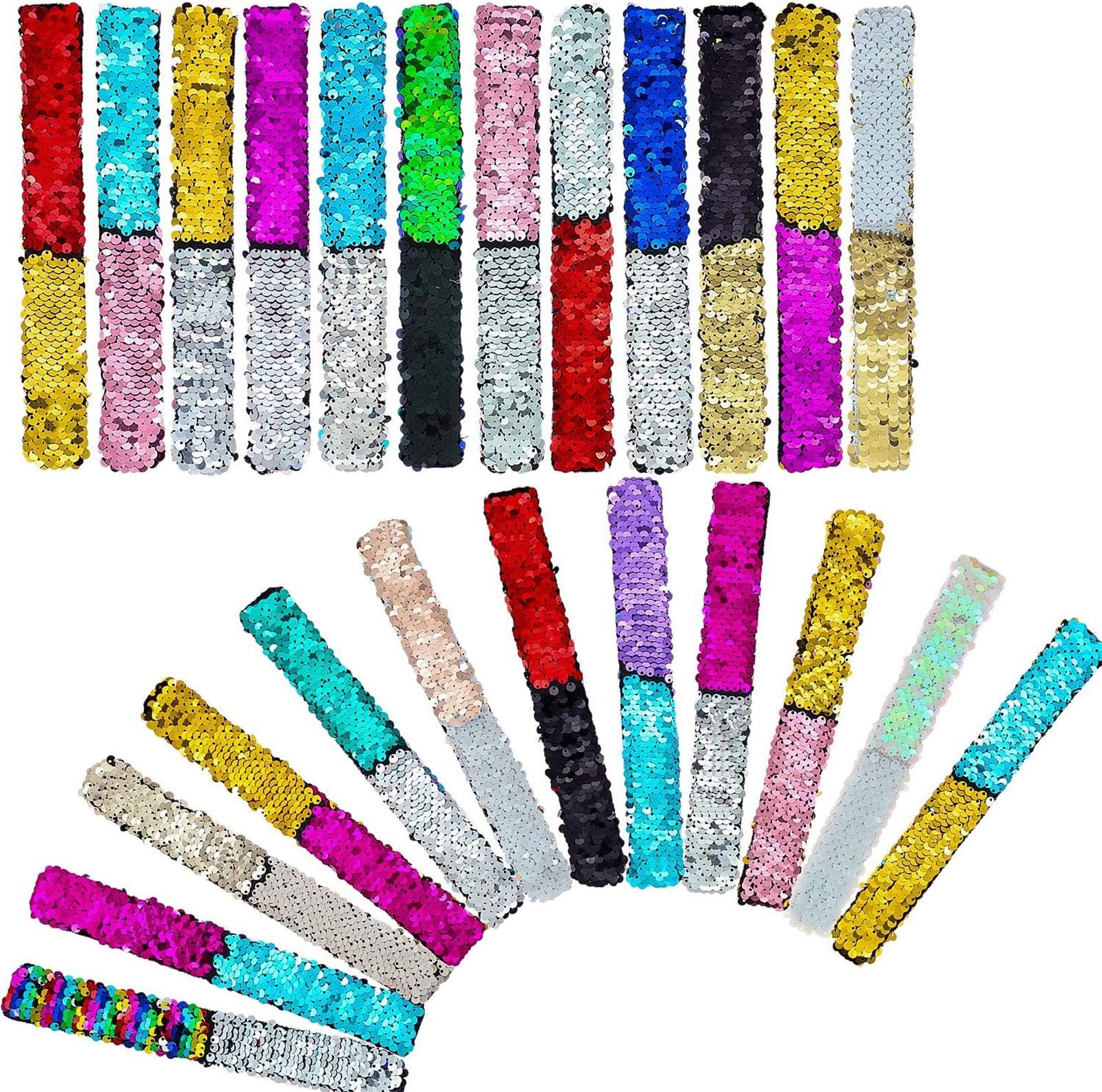HEHALI 24 Pack Mermaid Slap Bracelet, 2 Colors Reversible Charm Bracelets, Magic Sequins Flip Wristband Bracelets for Birthday Party Favors