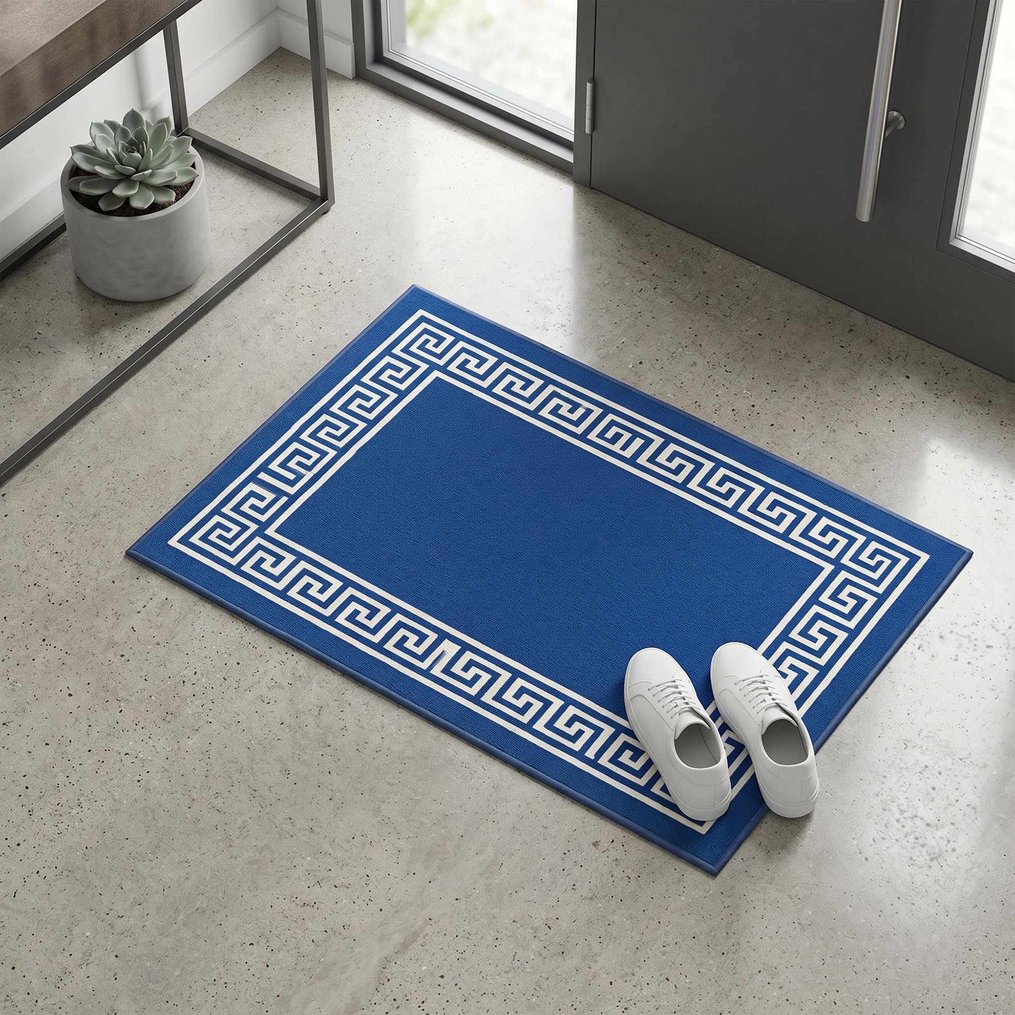 Fit Even Greeky Door Mat – Non-Slip Washable Doormat, Heavy Duty Welcome Dirt Trapper, Water Absorbent Floor Mat for Indoor/Outdoor Use, Front Entrance, and Kitchen (Blue & Cream, 40x60 cm)