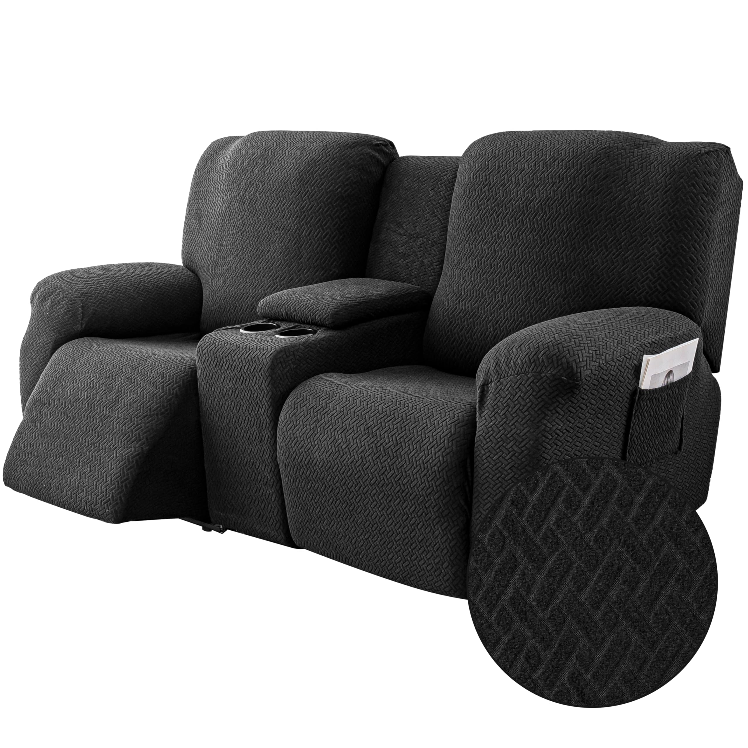 Genina Recliner Loveseat Covers with Console,2 Seater,Black